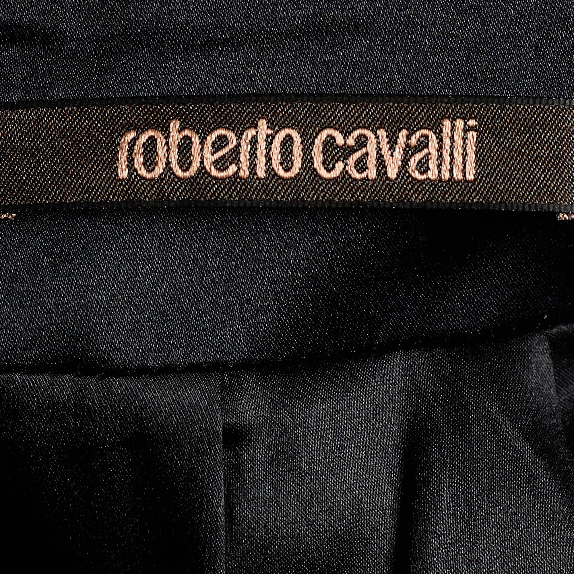 Roberto Cavalli Black Satin Silk Floral Print Skirt M