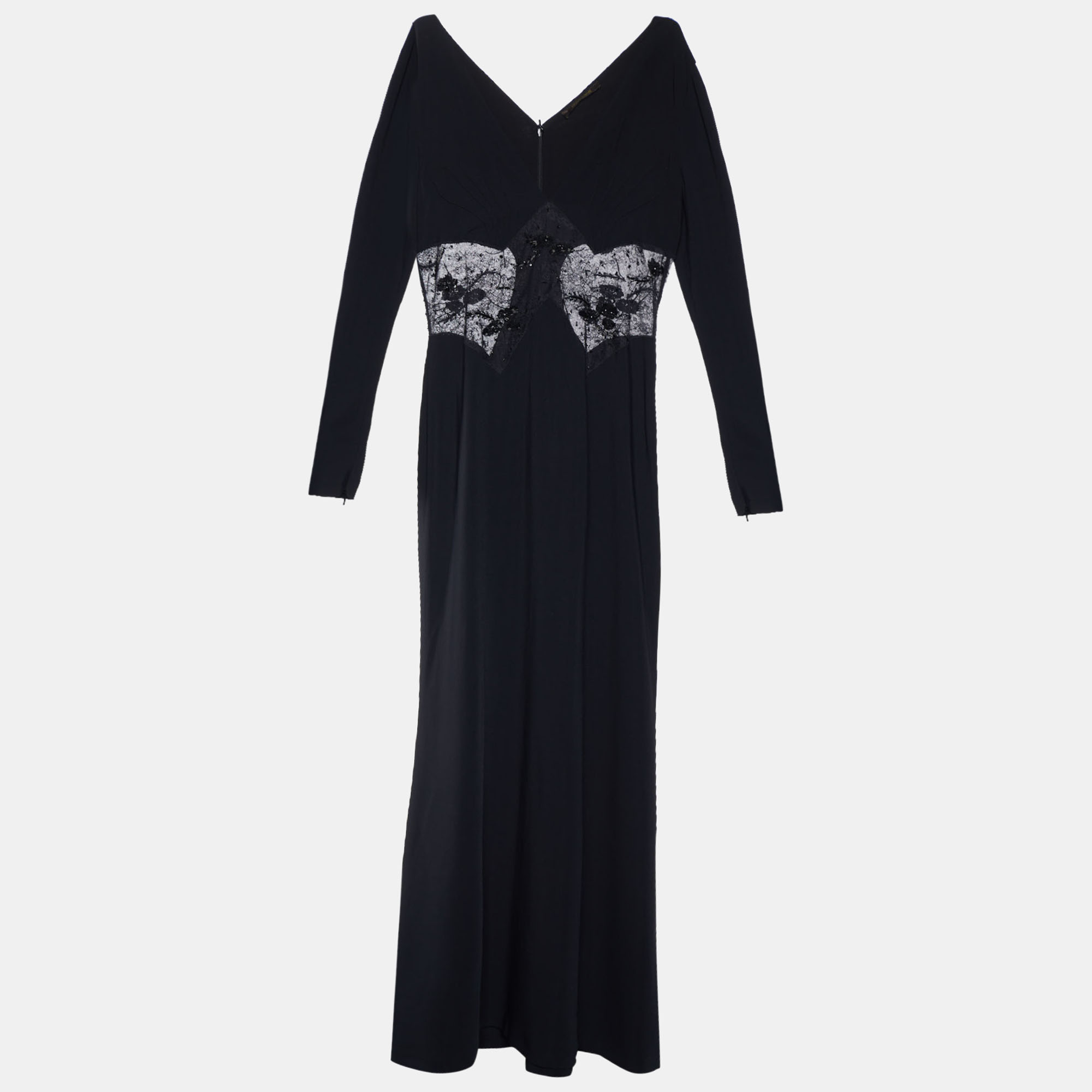 Roberto cavalli black crepe & embellished lace gown l