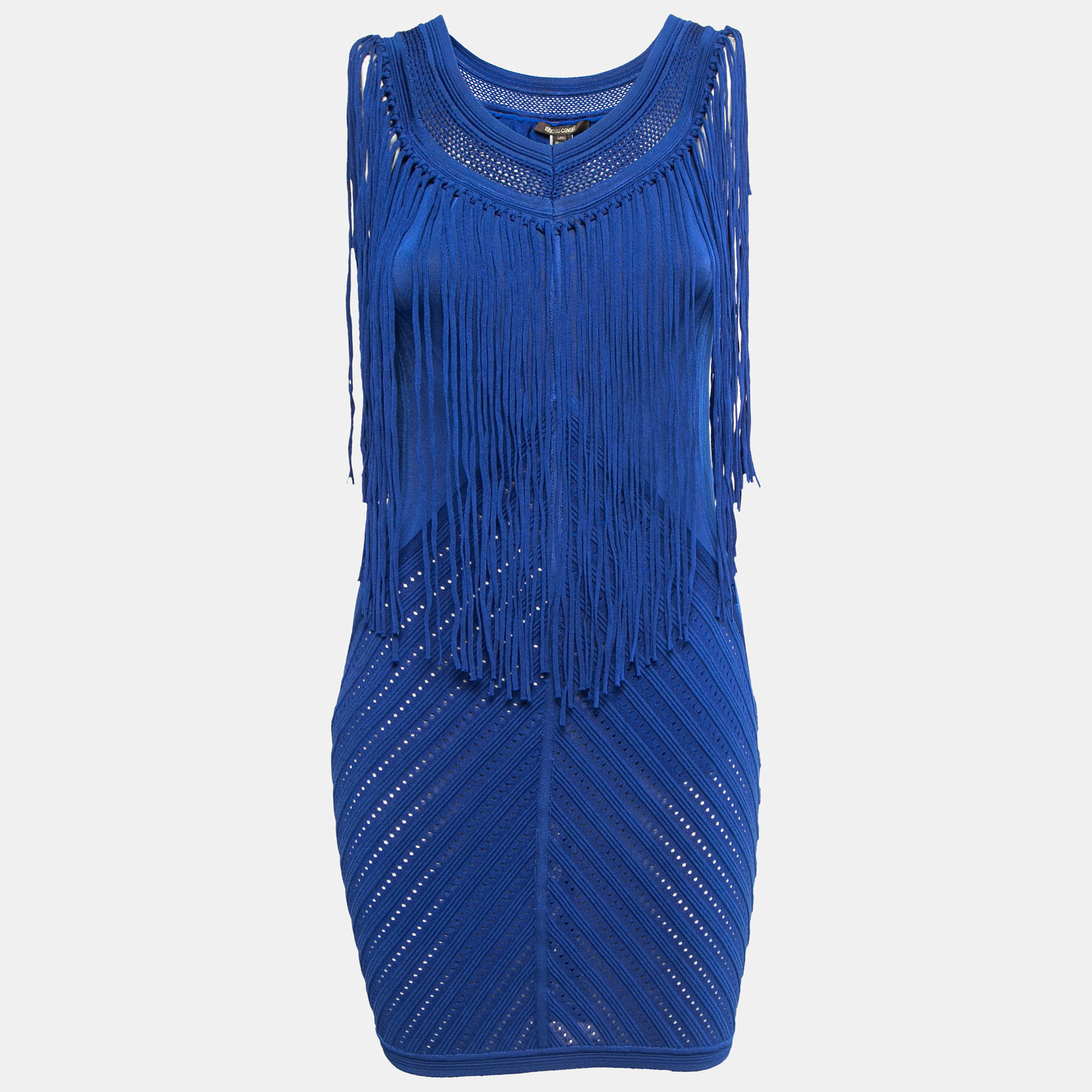 Roberto Cavalli Blue Knit Fringed Sleeveless Mini Dress M