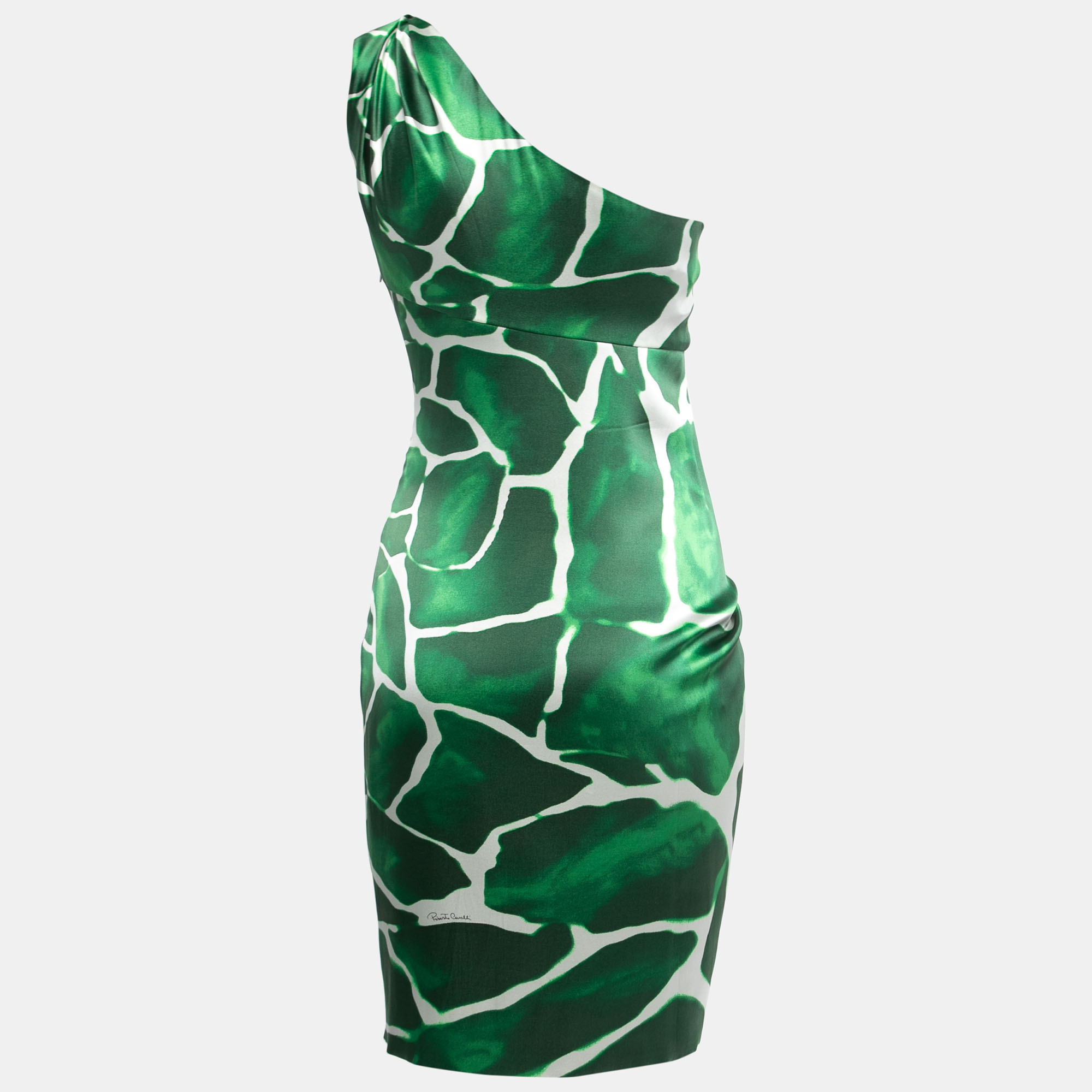 Roberto Cavalli Green Printed Satin Silk Faux Wrap One Shoulder Mini Dress
Roberto Cavalli Green Printed Satin Silk Faux Wrap One Shoulder Mini Dress
