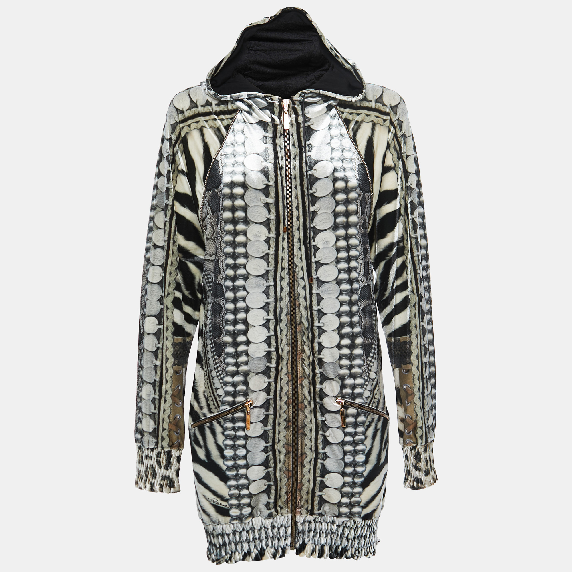 Roberto cavalli black/white printed velvet zip front hooded jacket m