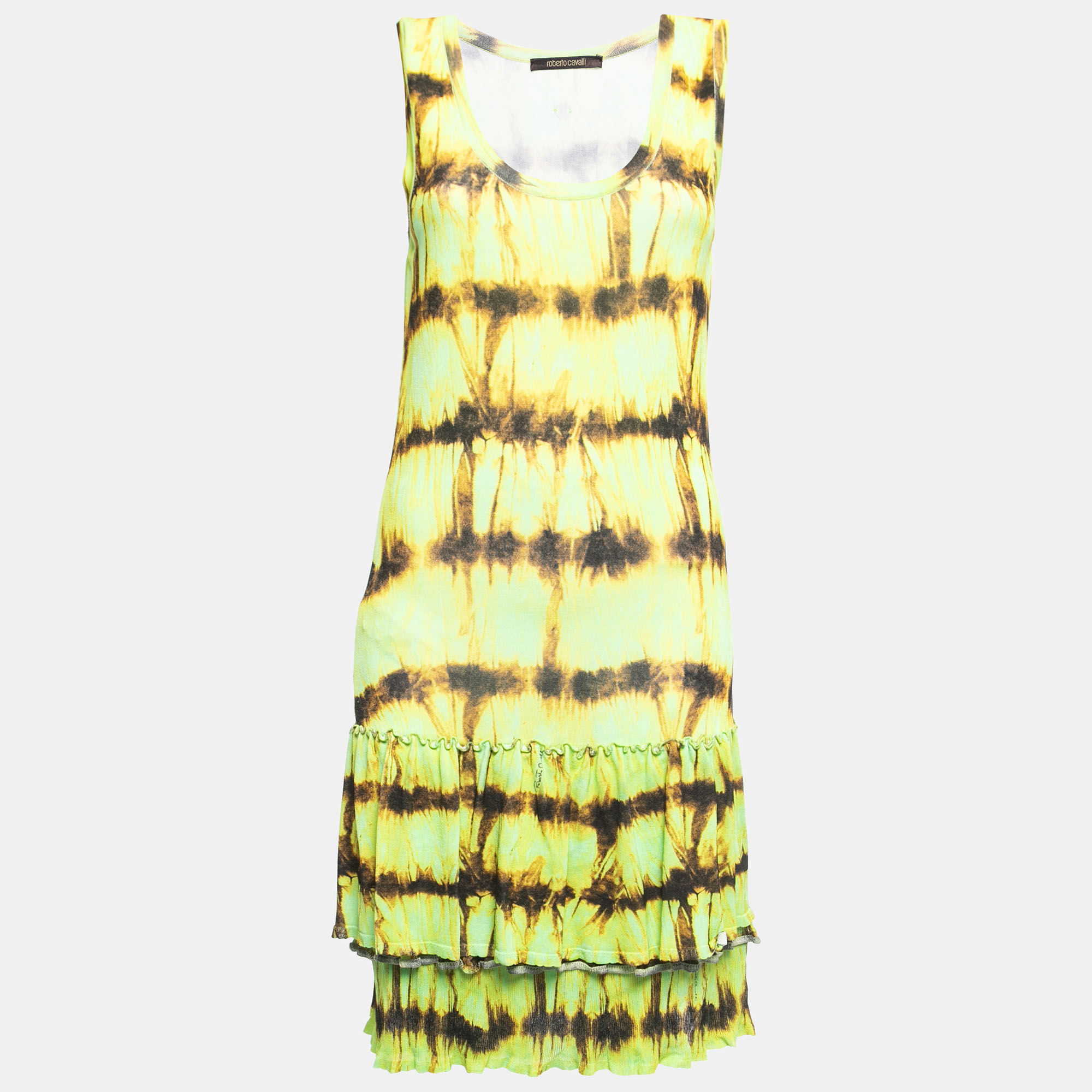 Roberto Cavalli Neon Green/Yellow Abstract Print Jersey Frilled Sleeveless Short Dress S