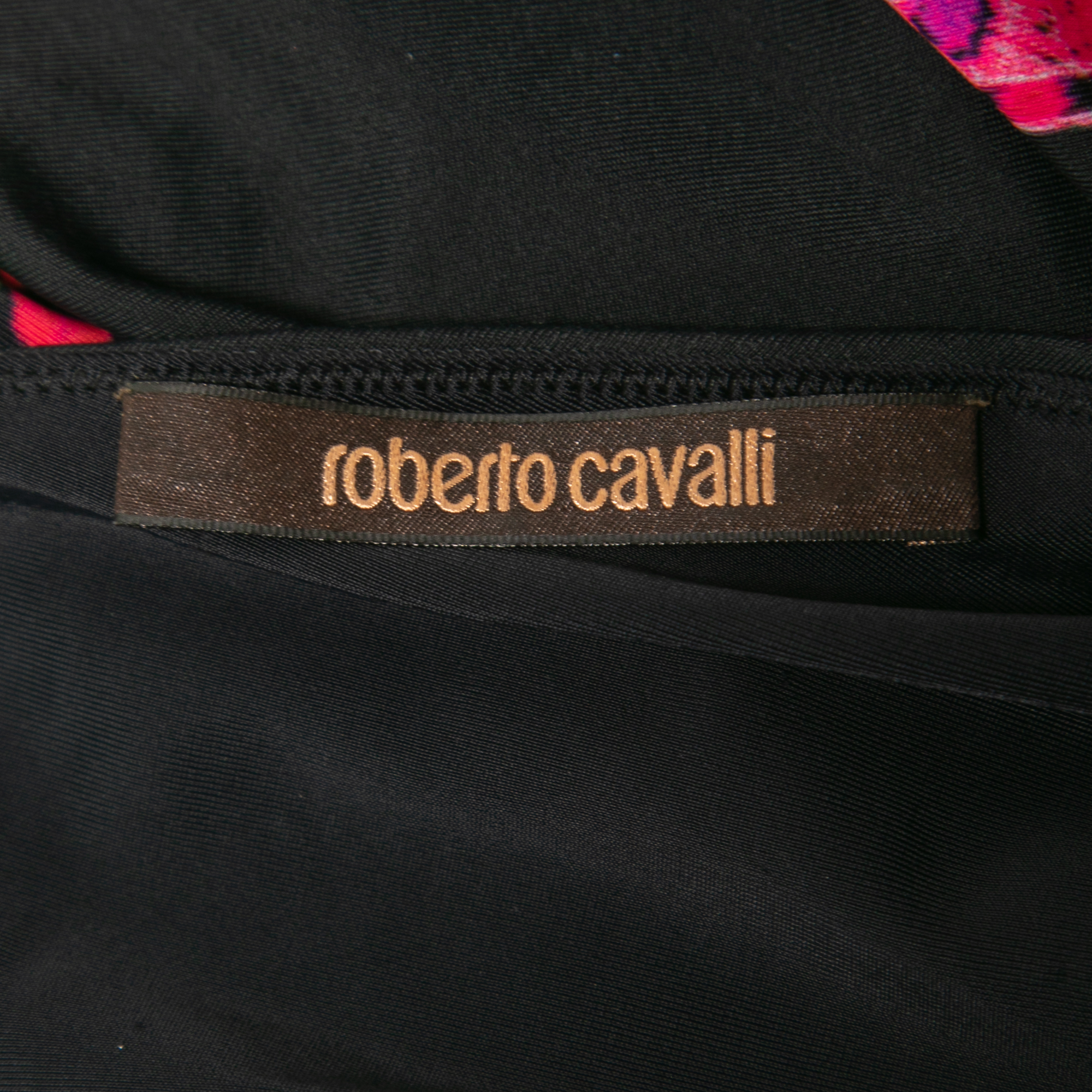 Roberto Cavalli Black Floral Printed Jersey V-Neck Top S