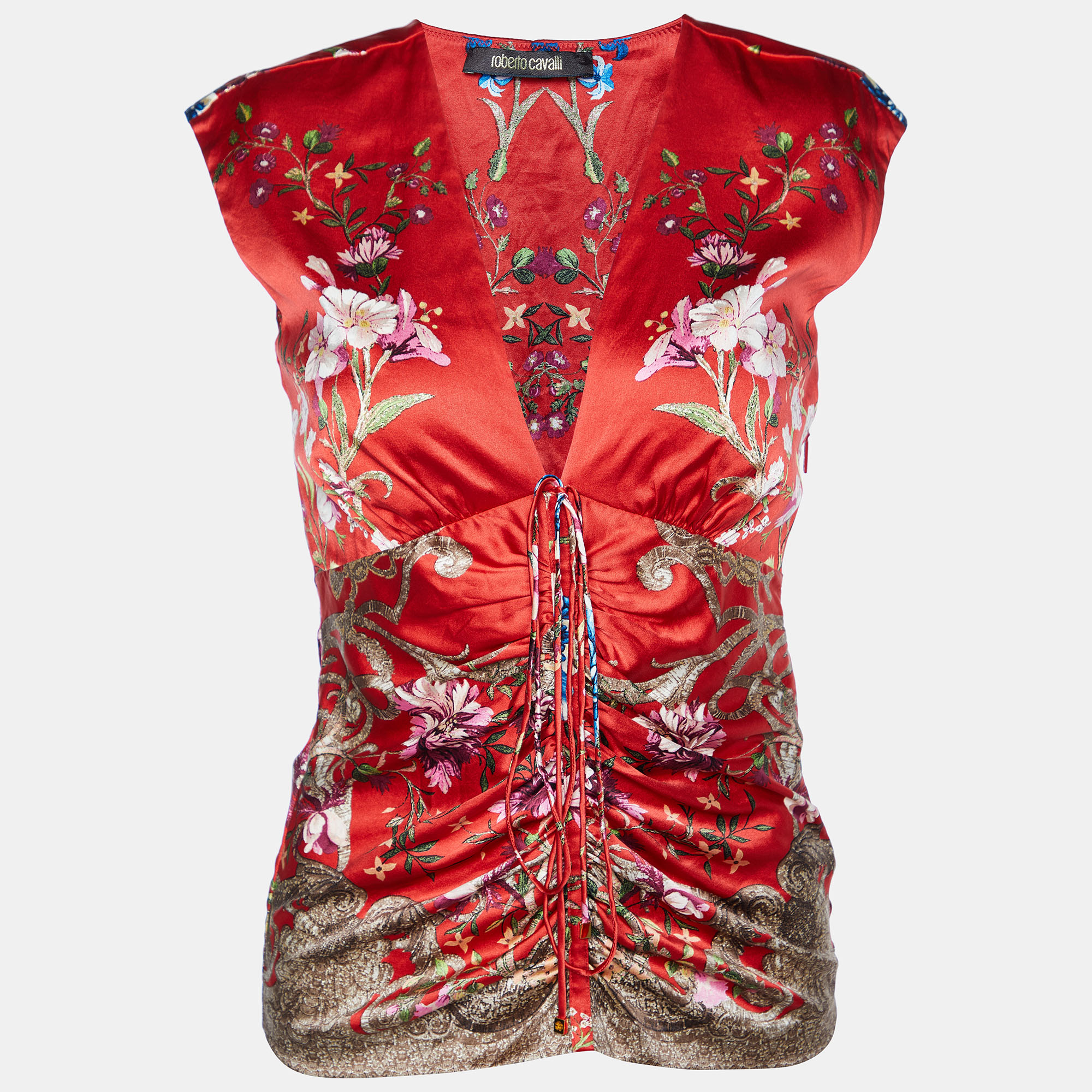

Roberto Cavalli Red Printed Silk Satin Ruched Sleeveless Top