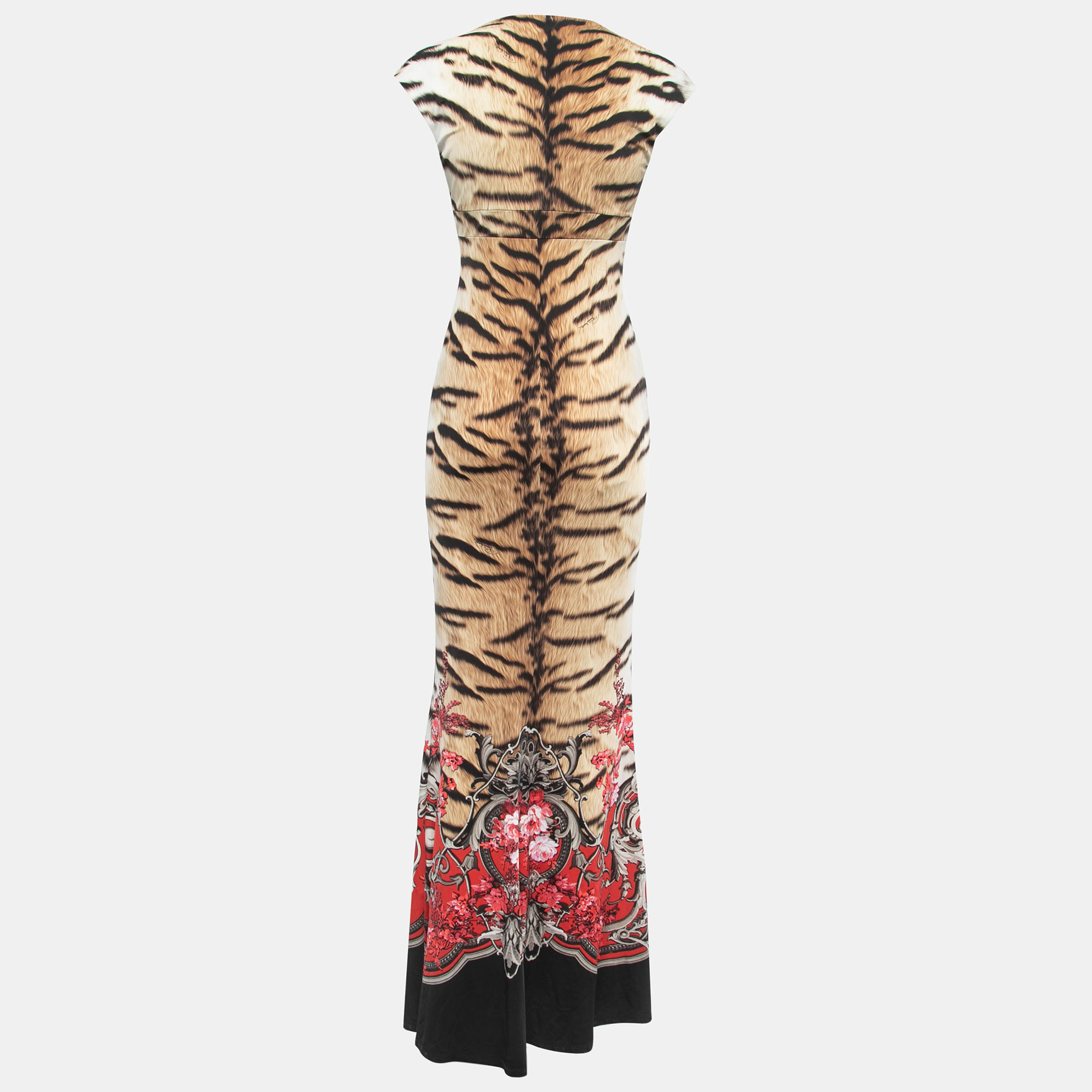 

Roberto Cavalli Brown/Black Animal Print Jersey Lace Trimmed Plunge Neck Maxi Dress
