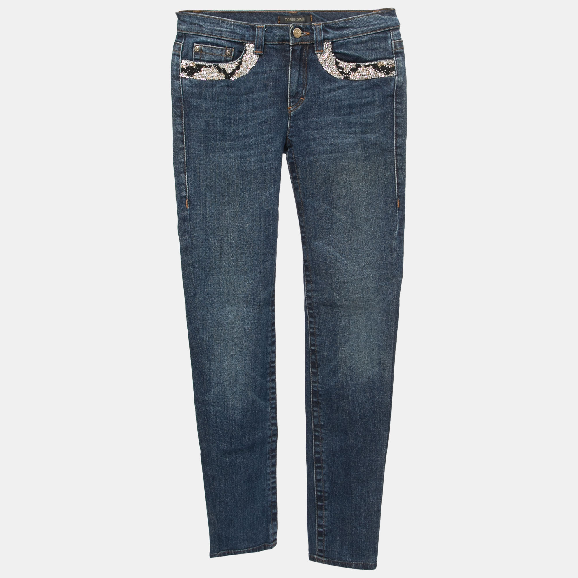 Roberto Cavalli Blue Washed Denim Embellished Pocket Detail Straight Fit Jeans S Waist 28