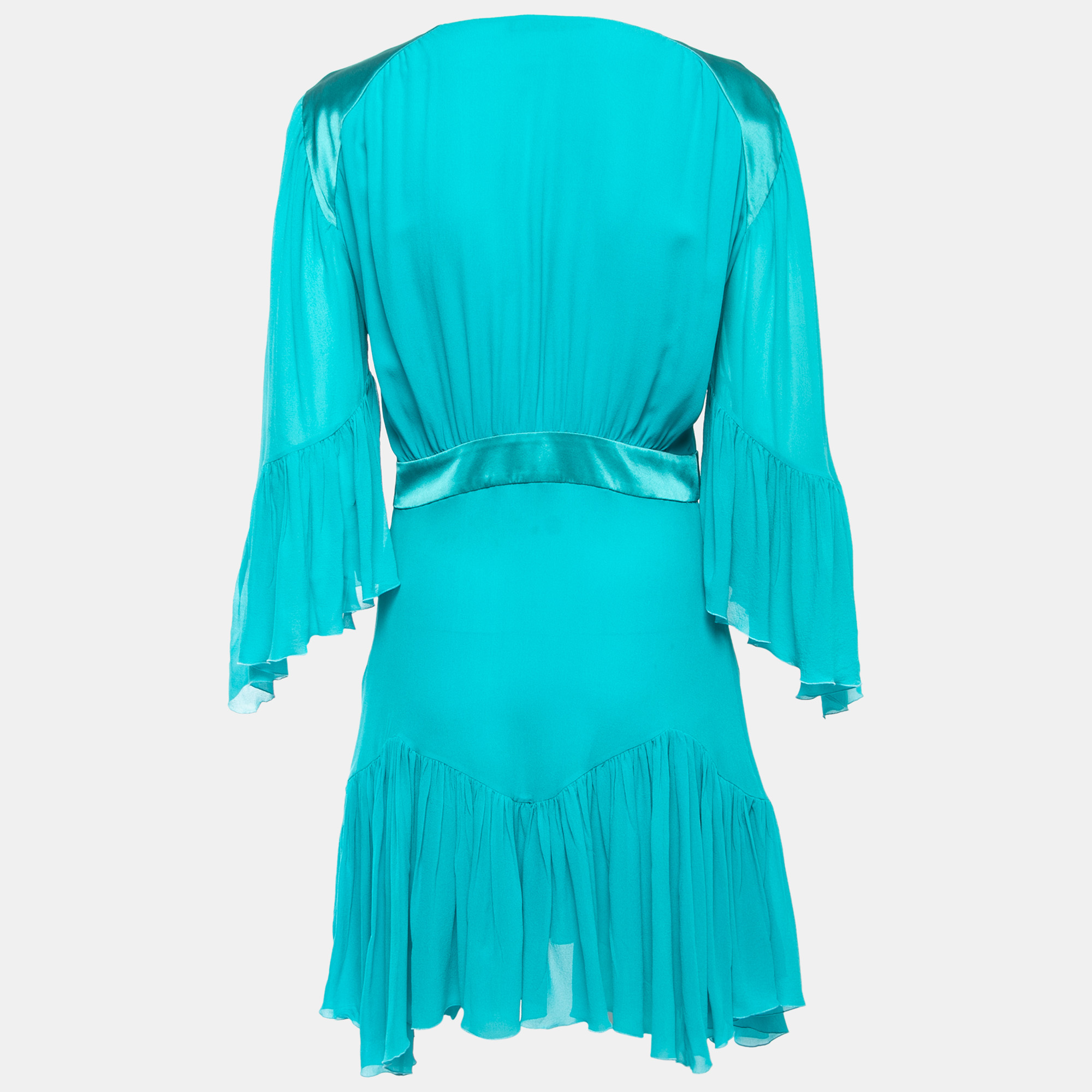 

Roberto Cavalli Blue Silk Chiffon Satin Trimmed Bell Sleeve Short Dress