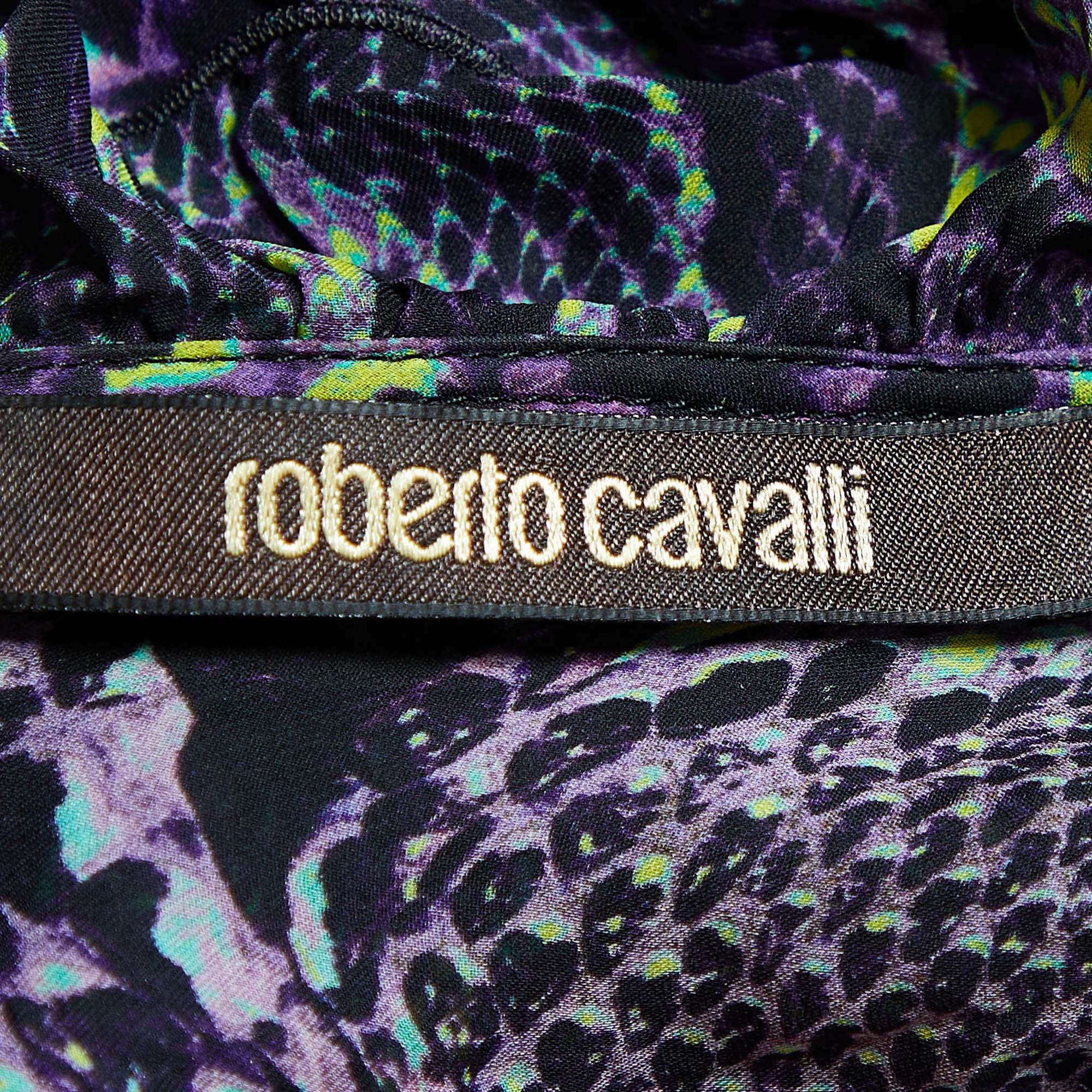 Roberto Cavalli Multicolor Printed Silk Ruffle Detail Maxi Dress S