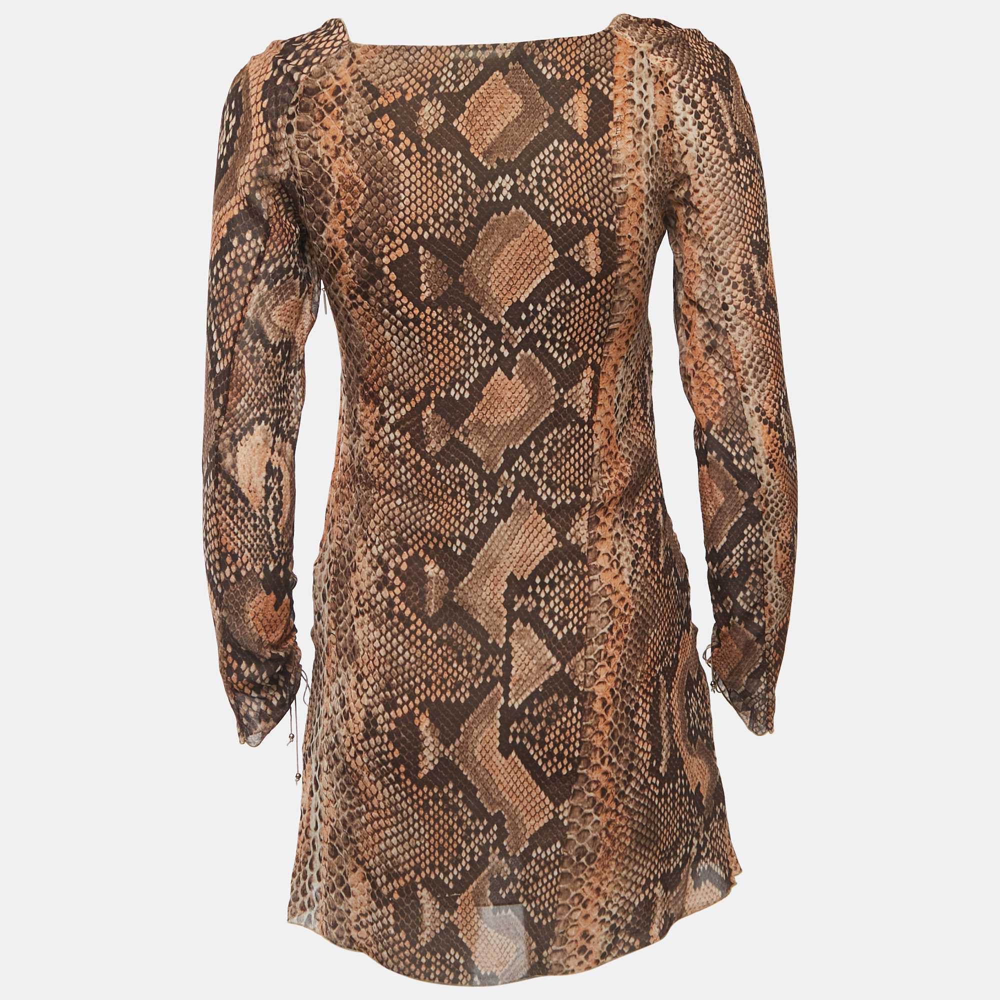 Roberto Cavalli Brown Snake Print Silk Long Sleeve Flared Mini Dress M