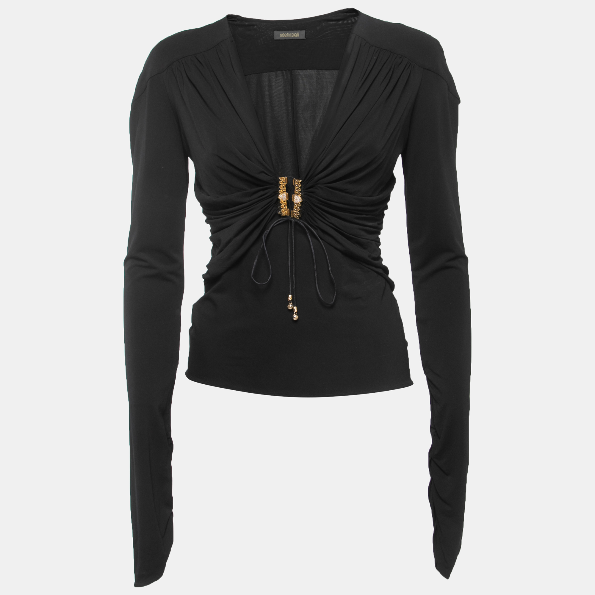Roberto Cavalli Black Stretch Jersey Lace-Up Ruched Top M