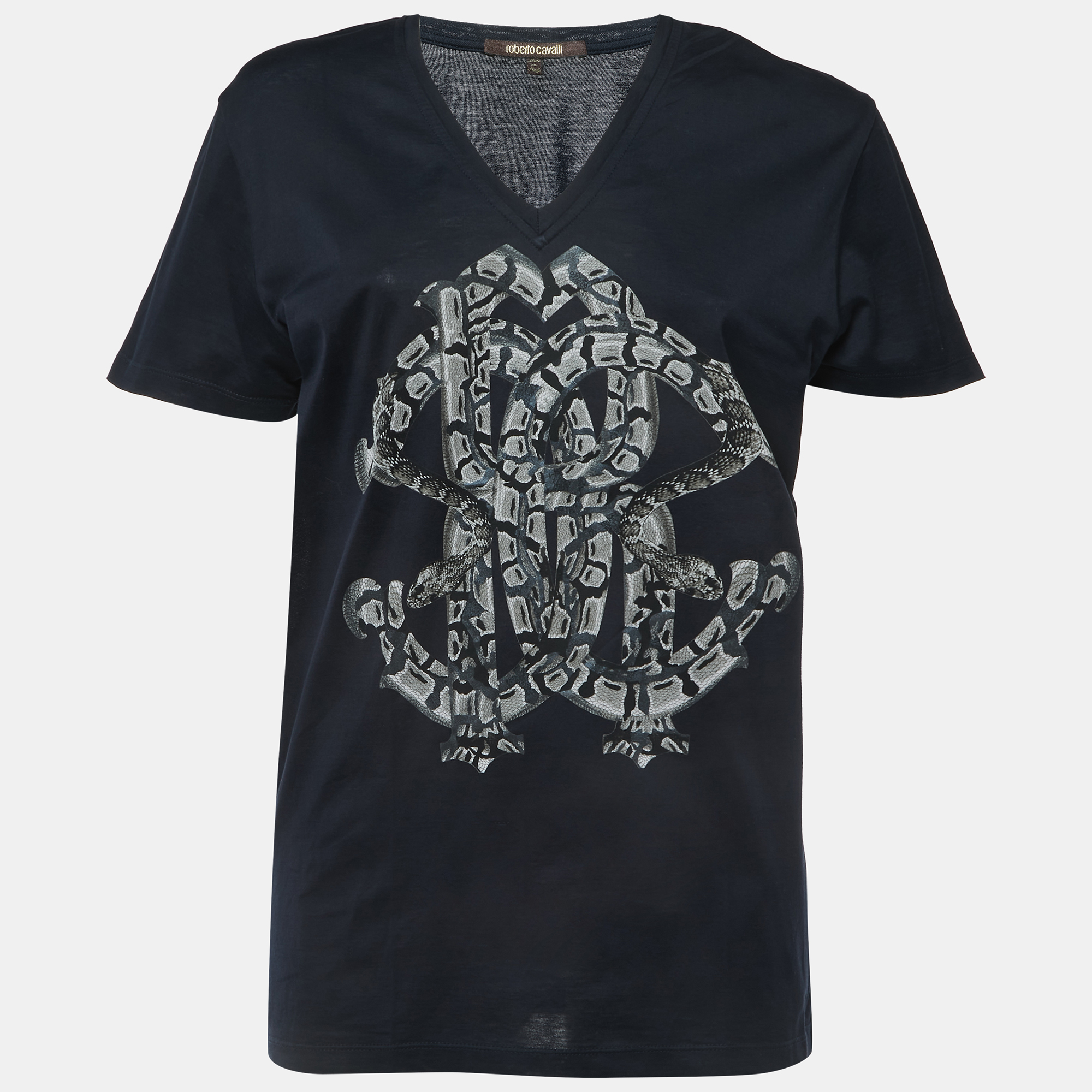 Roberto Cavalli Navy Blue Logo Print Cotton V-Neck Half Sleeve T-Shirt M