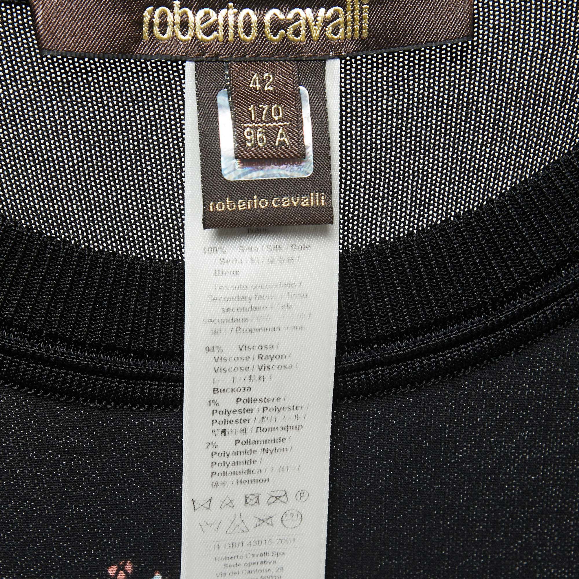 Roberto Cavalli Black Parrot Print Silk & Jersey Short Sleeve Top M