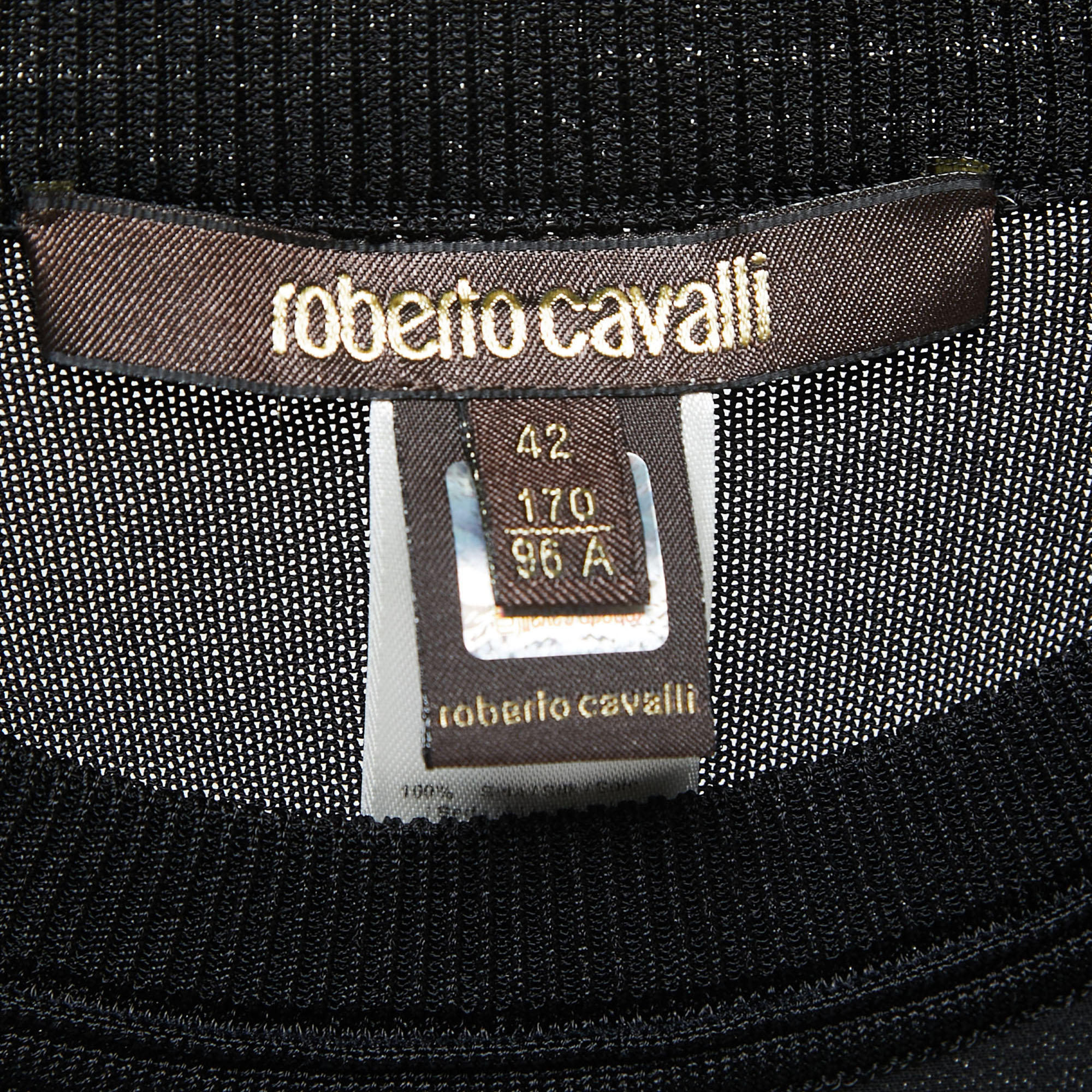 Roberto Cavalli Black Parrot Print Silk & Jersey Short Sleeve Top M