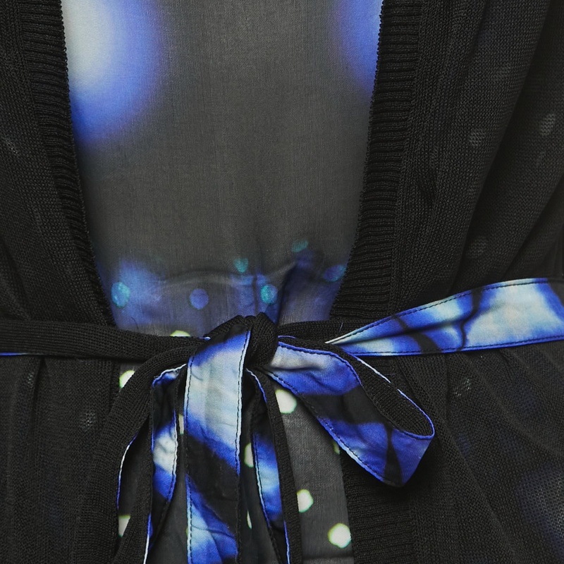 Roberto Cavalli Black/Blue Print Silk & Knit Sleeveless Belted Top S