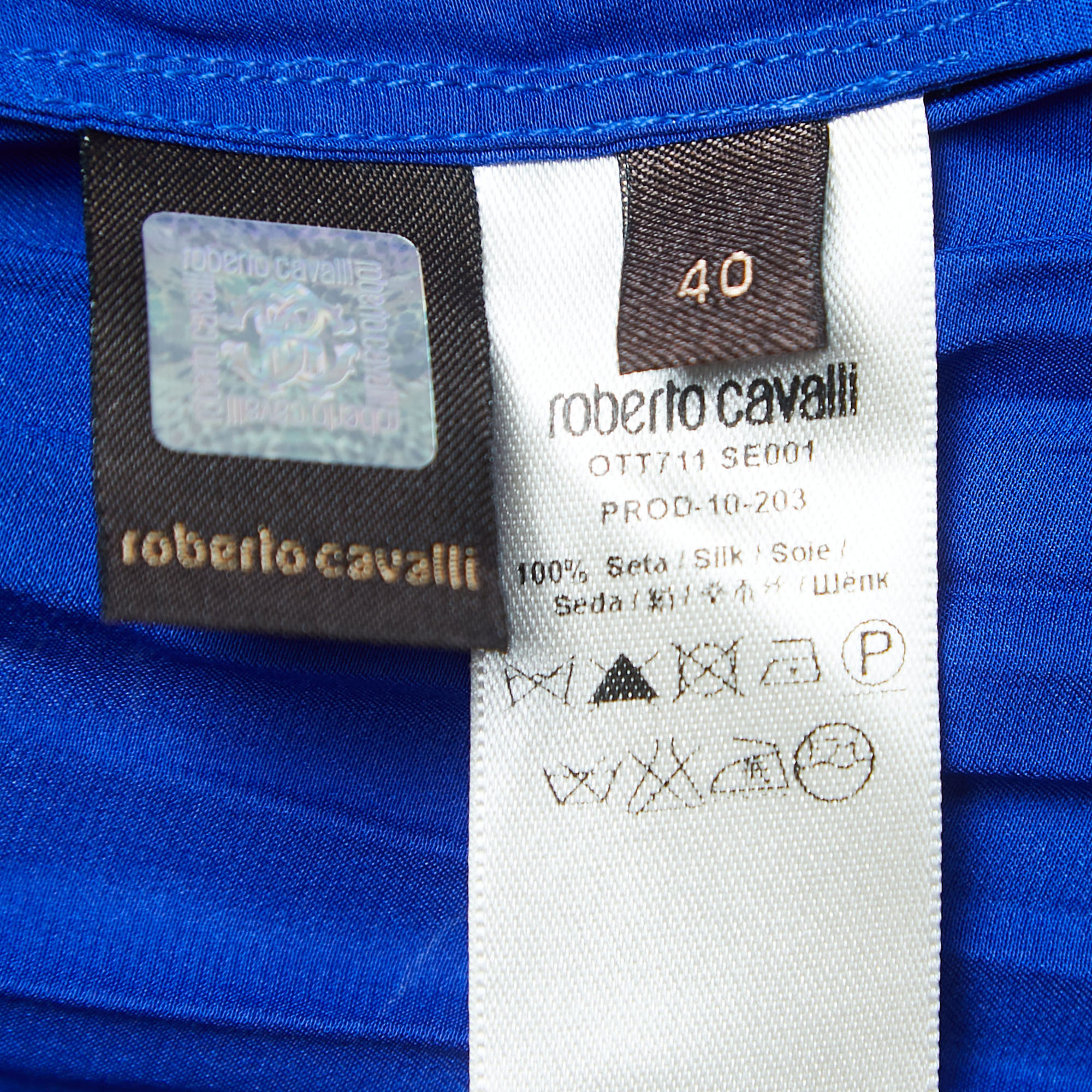 Roberto Cavalli Blue Satin Silk Pleated Tie-Neck Shirt S