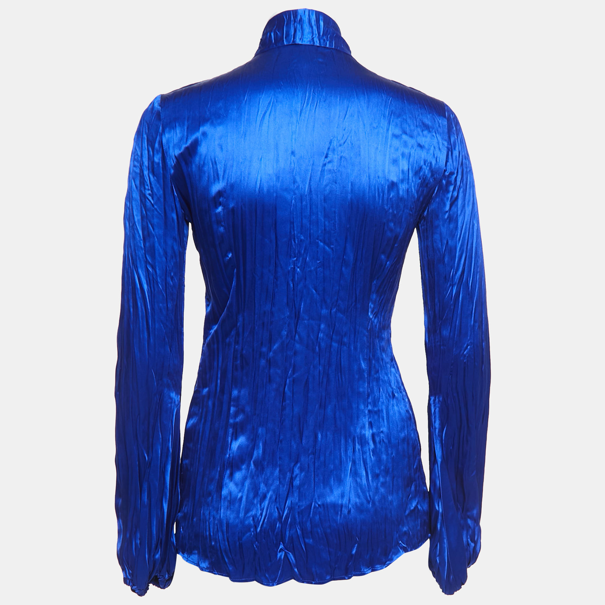 Roberto Cavalli Blue Satin Silk Pleated Tie-Neck Shirt S