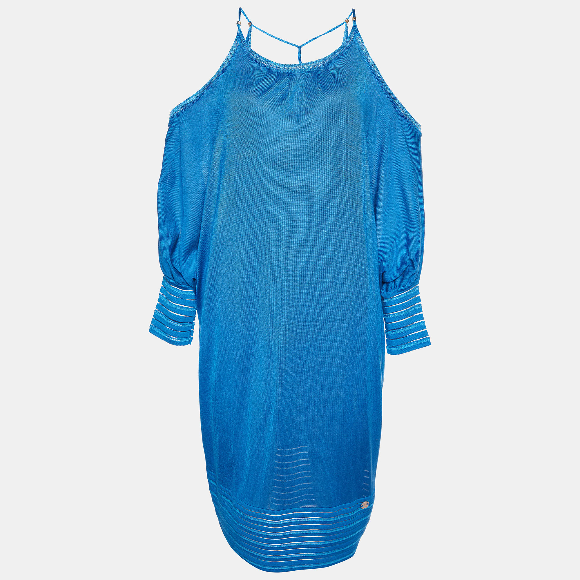 Roberto Cavalli Blue Silk Knit Off Shoulder Mini Dress M