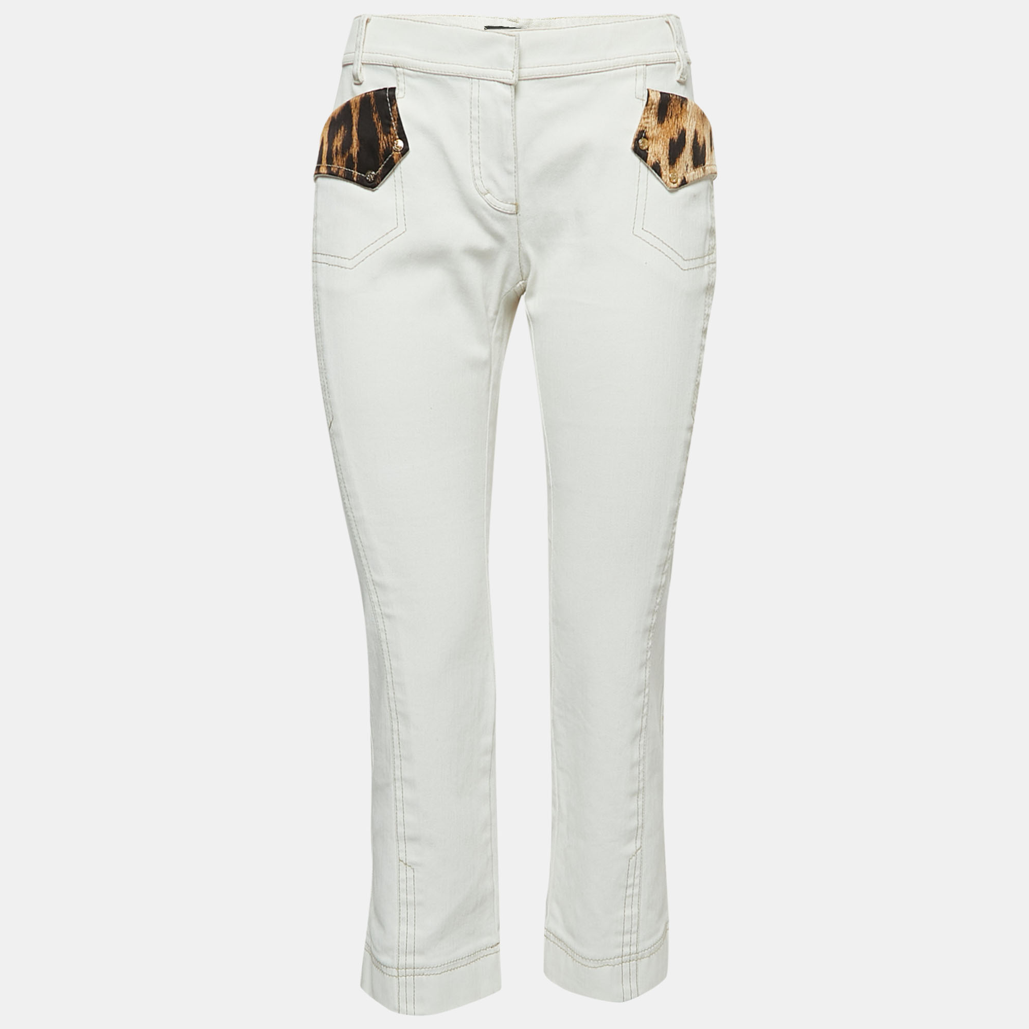 Roberto Cavalli White Denim Silk Animal Print Silk Trimmed Cropped Jeans L Waist 32