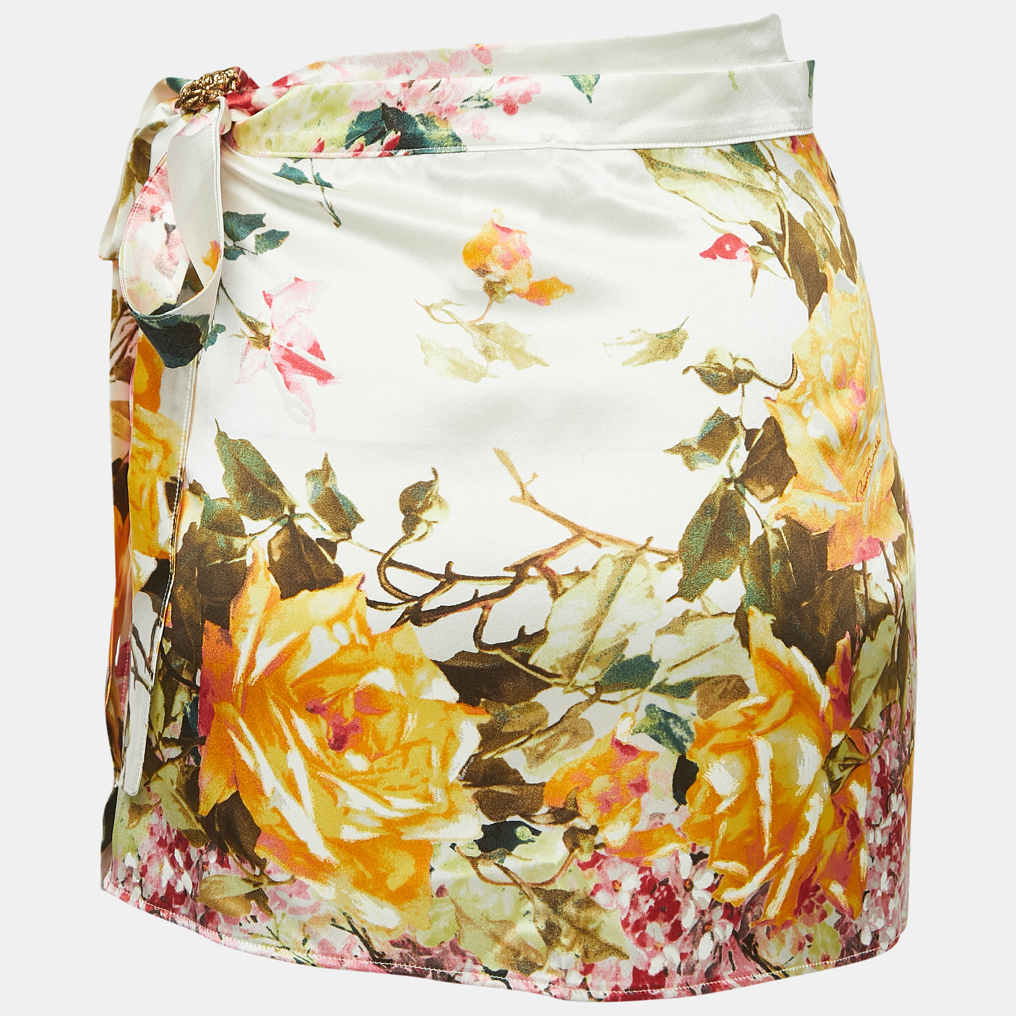 Roberto Cavalli White Floral Print Satin Mini Wrap Skirt M