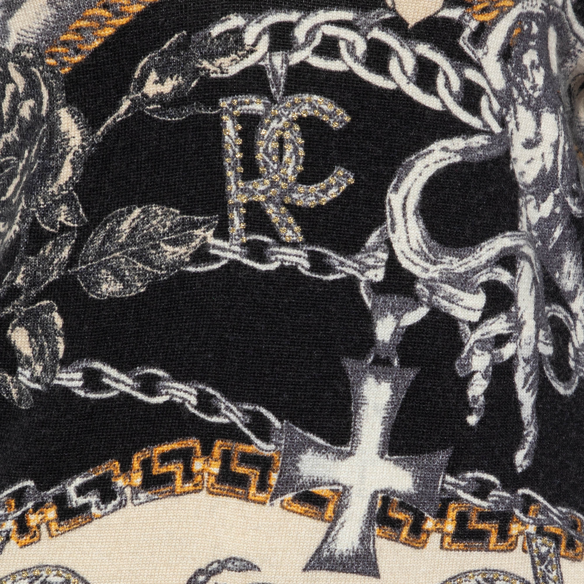 Roberto Cavalli Beige Printed Knit Leather Trim Top & Silk Satin Pants XL/M