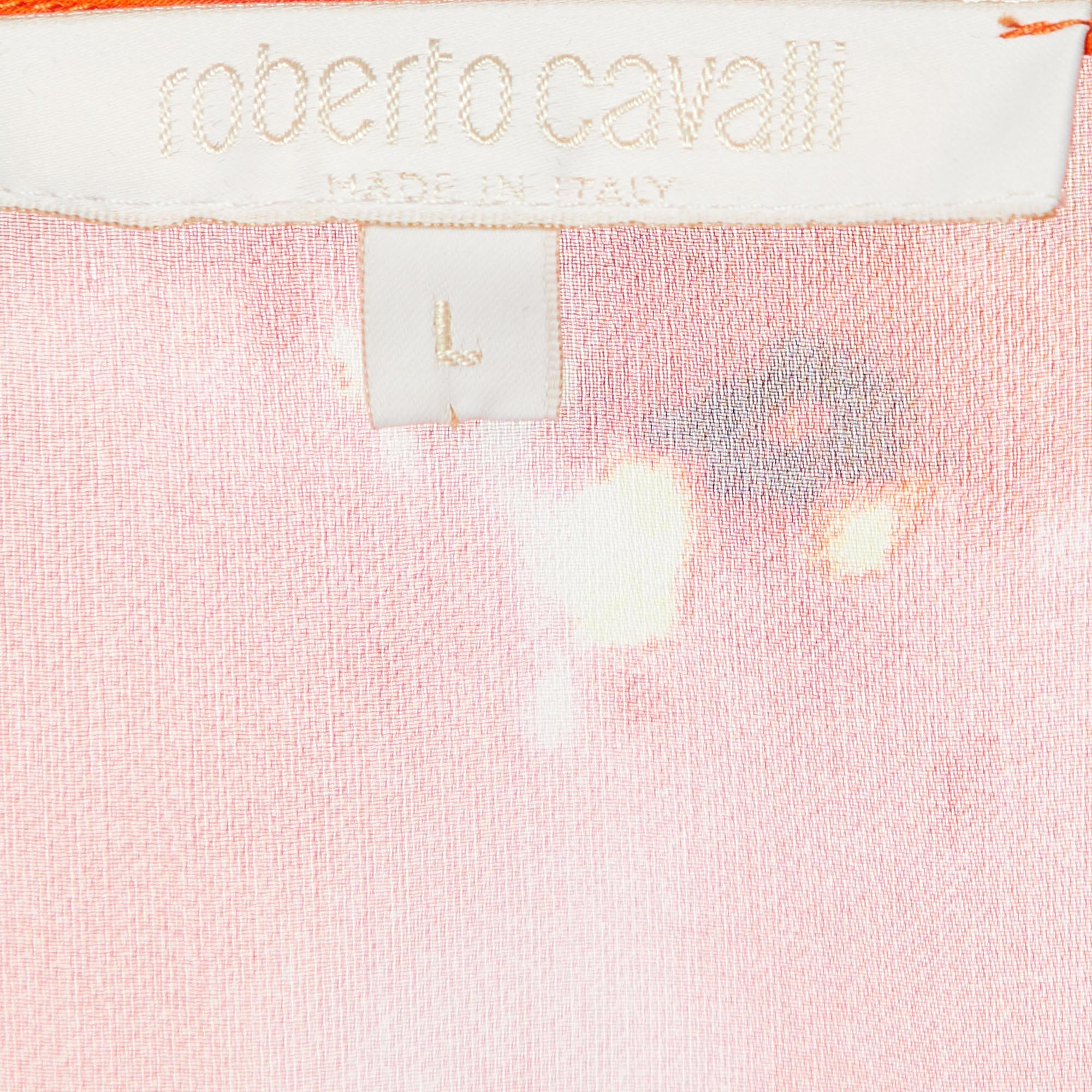 Roberto Cavalli Multicolor Printed Silk Ruffled Top & Satin Palazzo Pants L/M