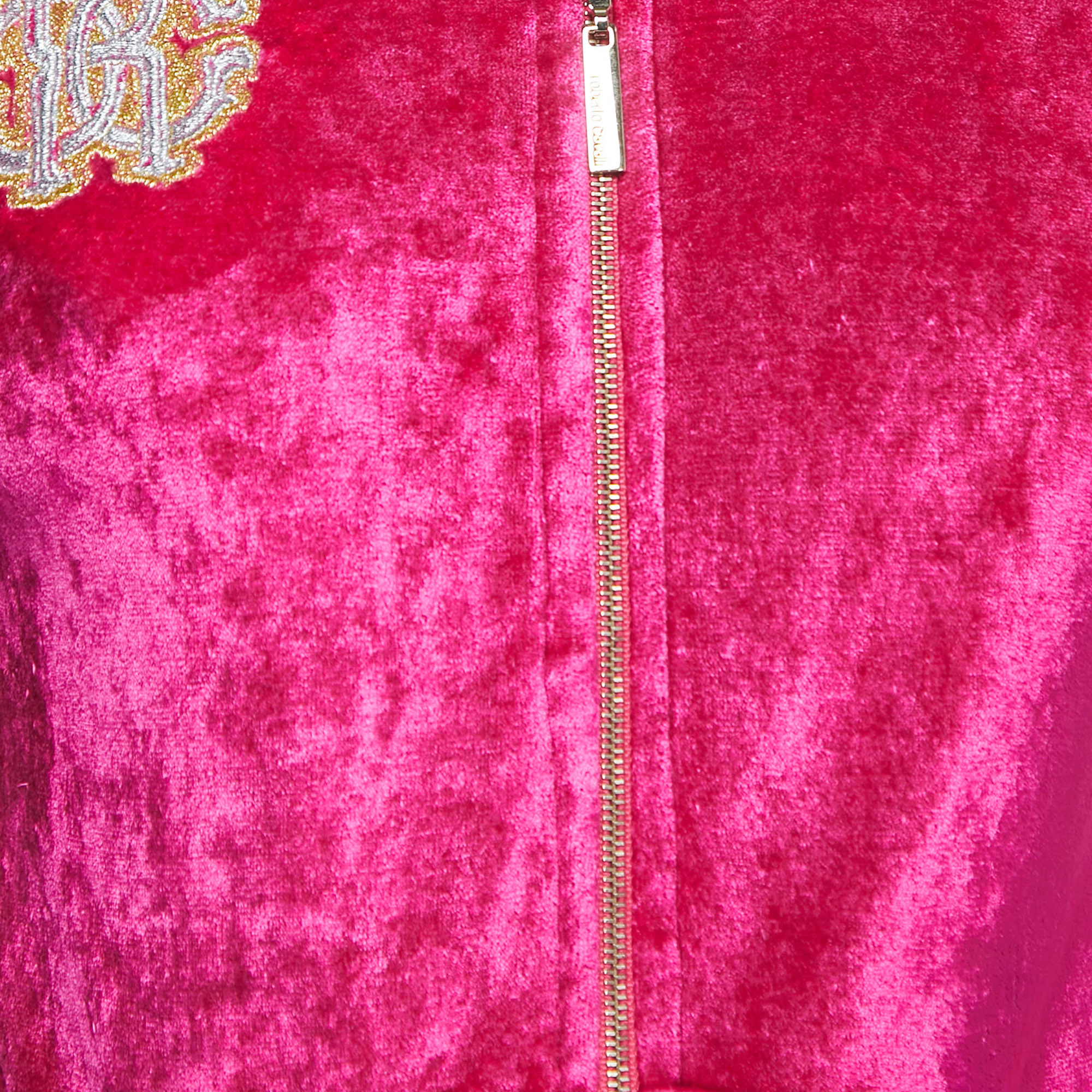 Roberto Cavalli Pink Velvet Logo Patch Zip Front Hooded Jacket M