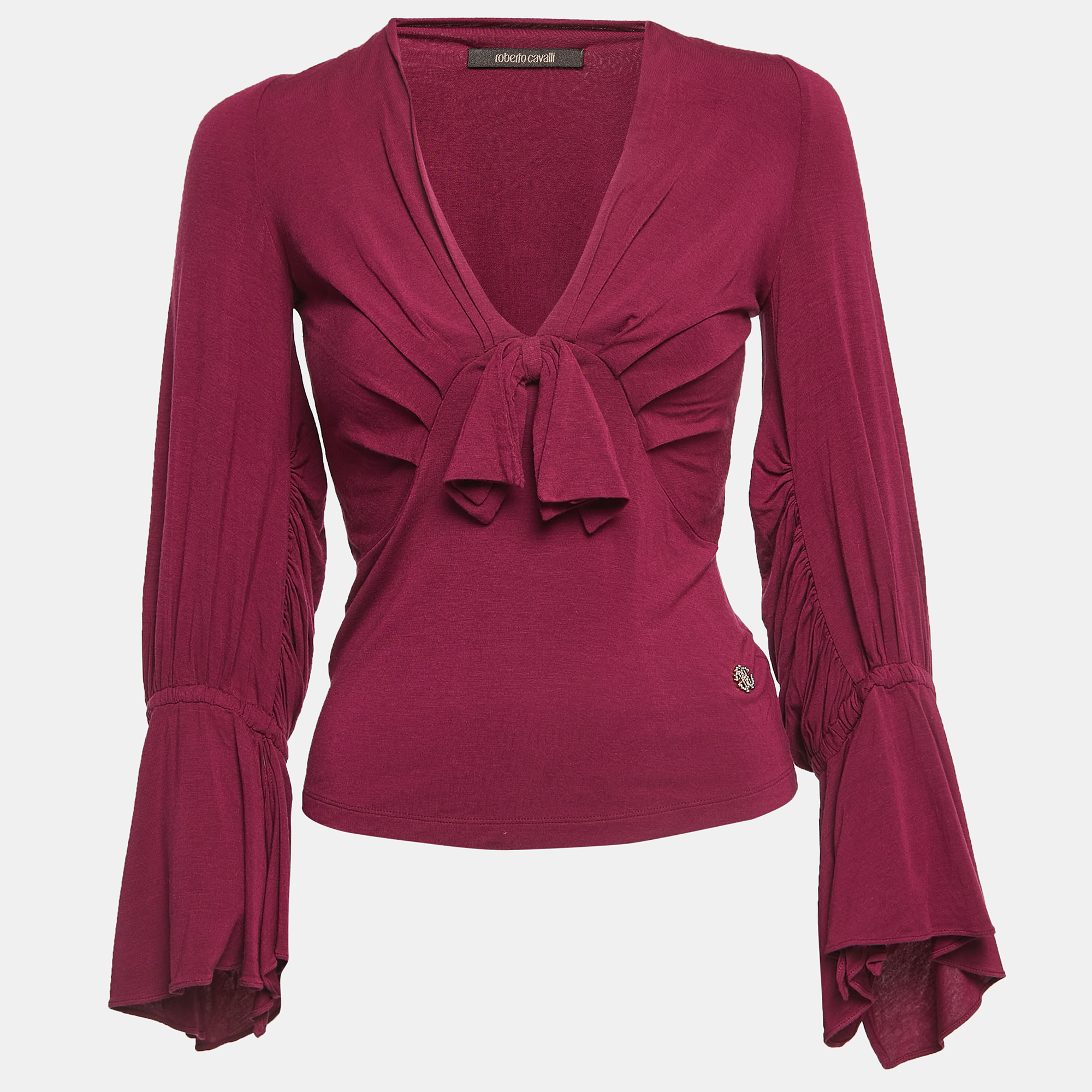 Roberto Cavalli Magenta Pink Knit Bow Detailed Long Sleeve Top S