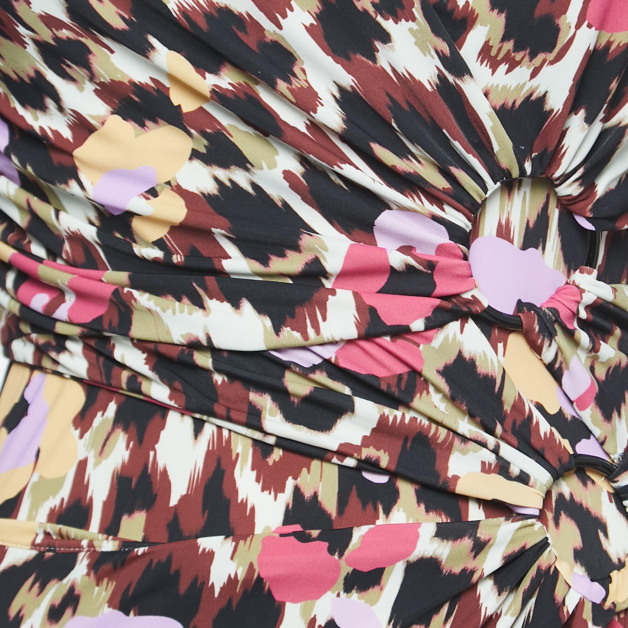 Roberto Cavalli Multicolor Leopard Print Stretch Knit Cutout Detailed Maxi Dress S