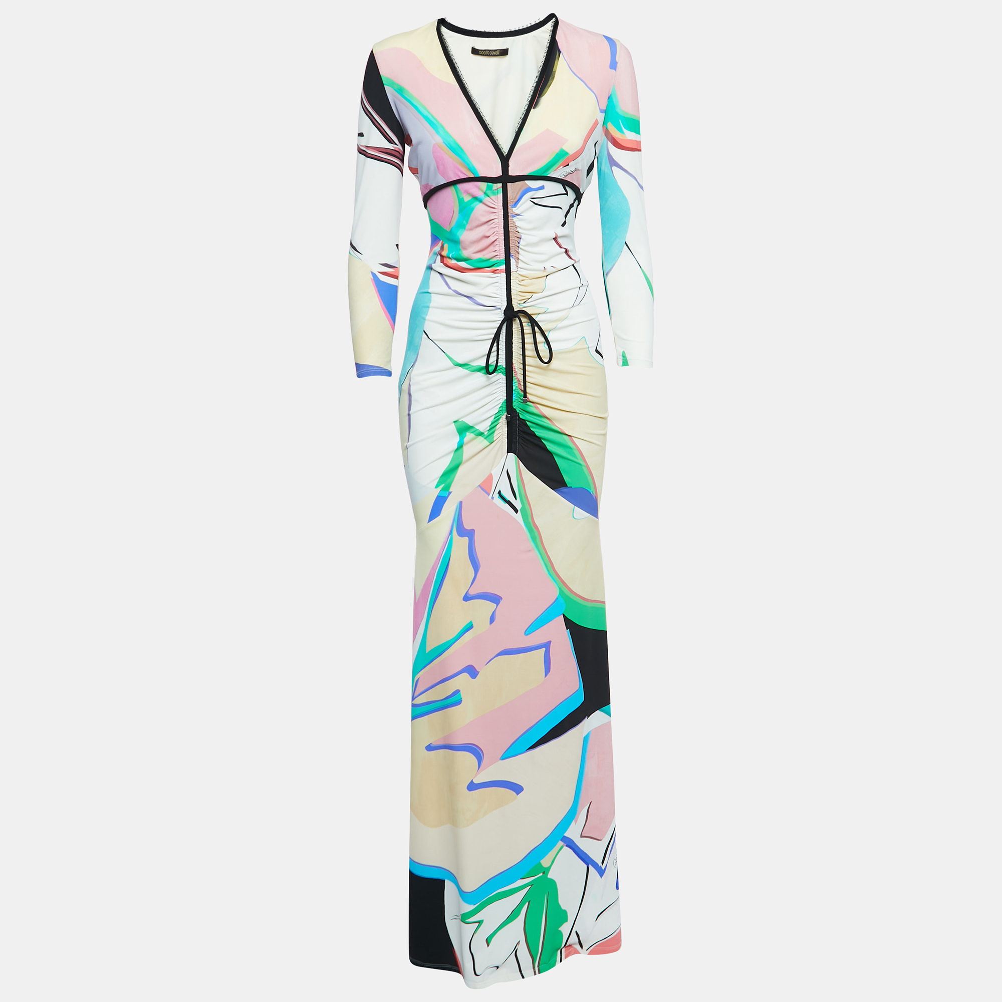 Roberto Cavalli Multicolor Leaves Print Stretch Knit Ruched Maxi Dress M