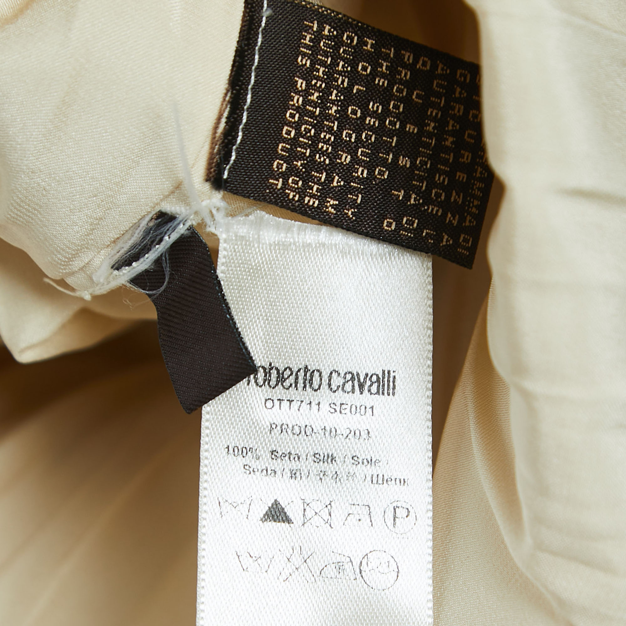 Roberto Cavalli Beige Pleated Satin Silk Neck Tie Buttoned Blouse S
