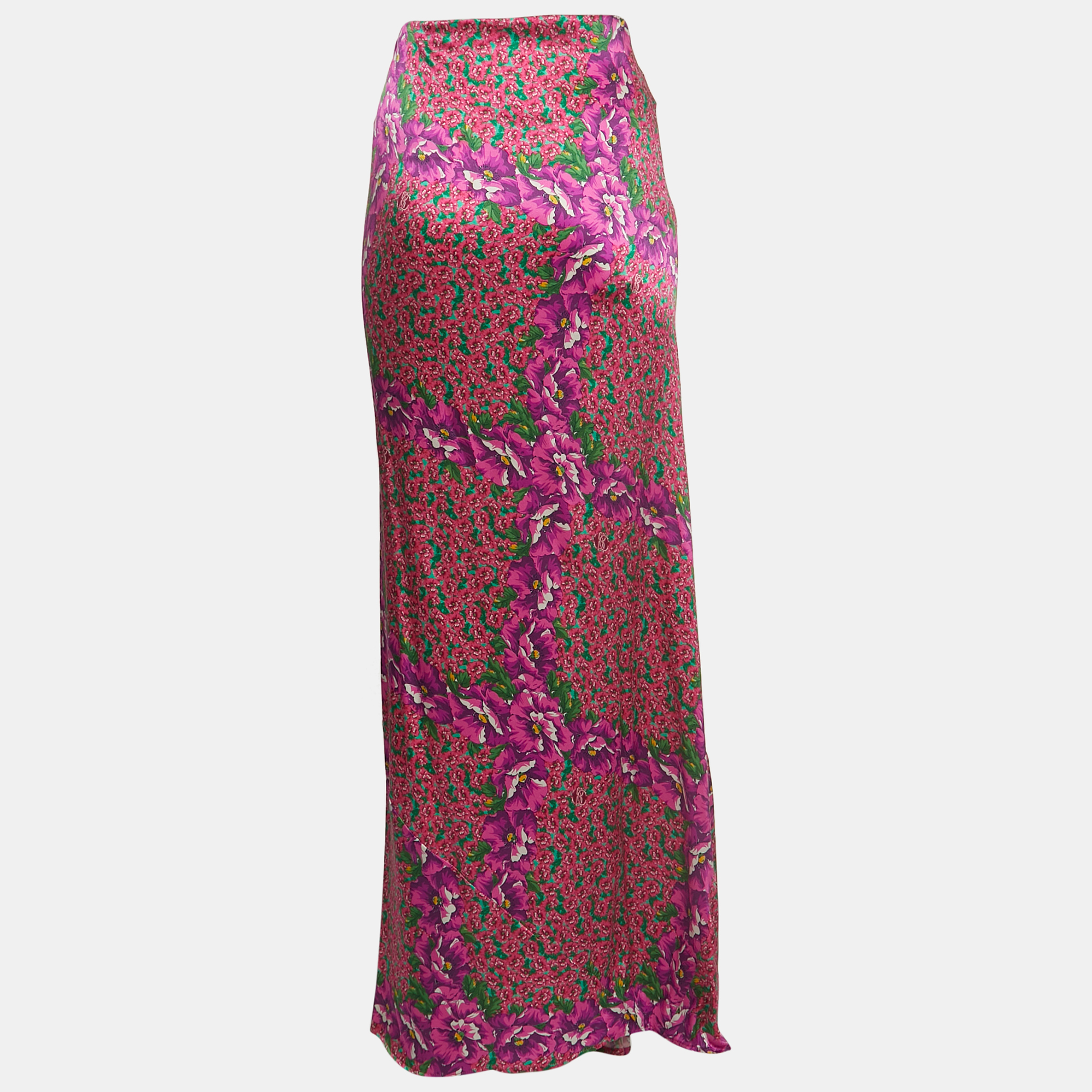 

Roberto Cavalli Pink Floral Print Satin Silk Ruffled Maxi Skirt