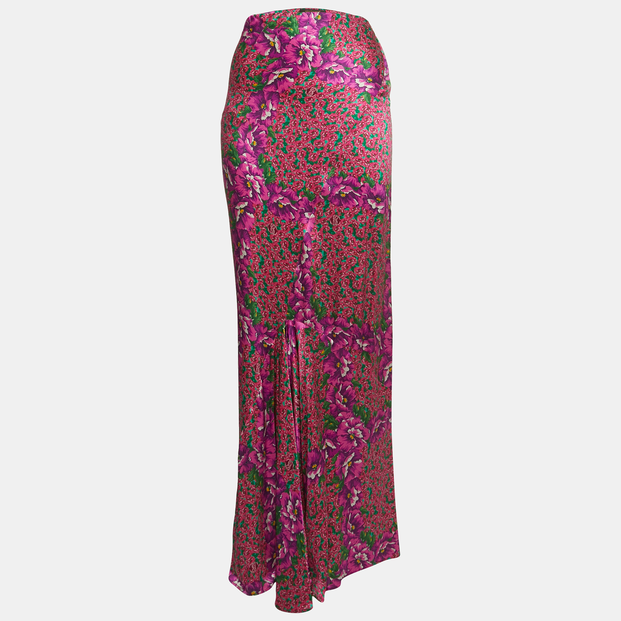 Roberto Cavalli Pink Floral Print Satin Silk Ruffled Maxi Skirt S