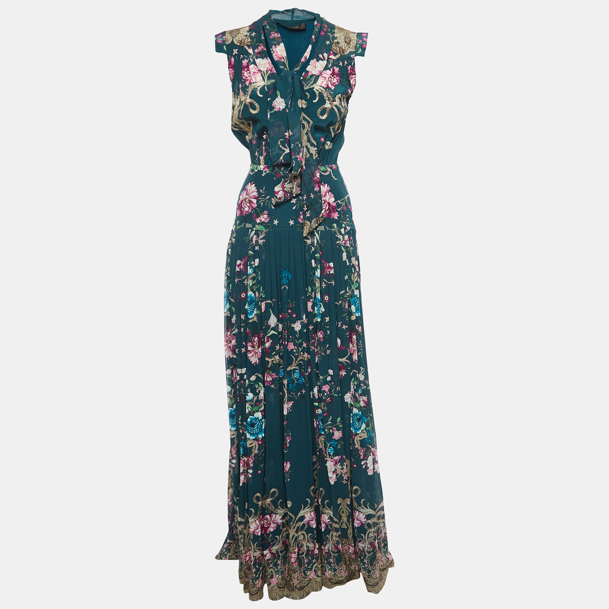 Roberto Cavalli Green Floral Print Silk Pleat Detail Sleeveless Maxi Dress S