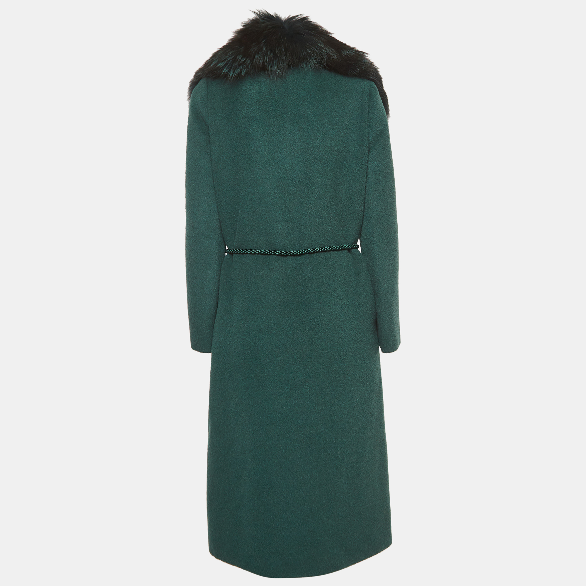 

Roberto Cavalli Green Wool/Fox Fur Belted Long Coat