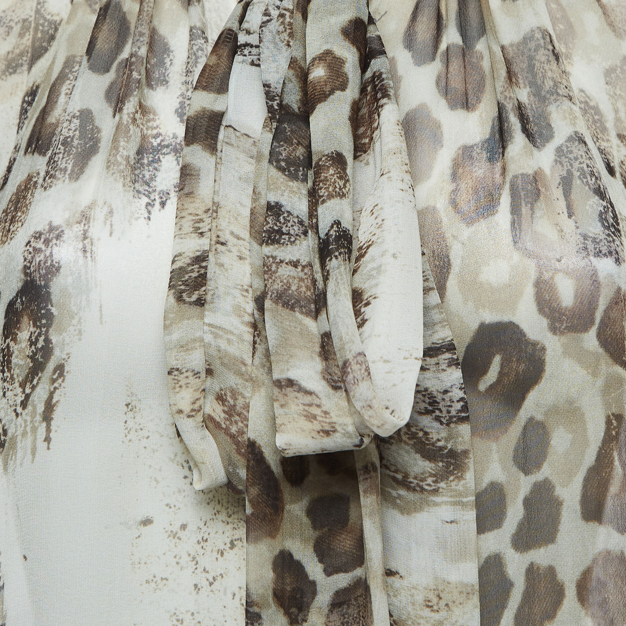 Roberto Cavalli Beige Animal Print Silk Pleated Sheer Shirt S