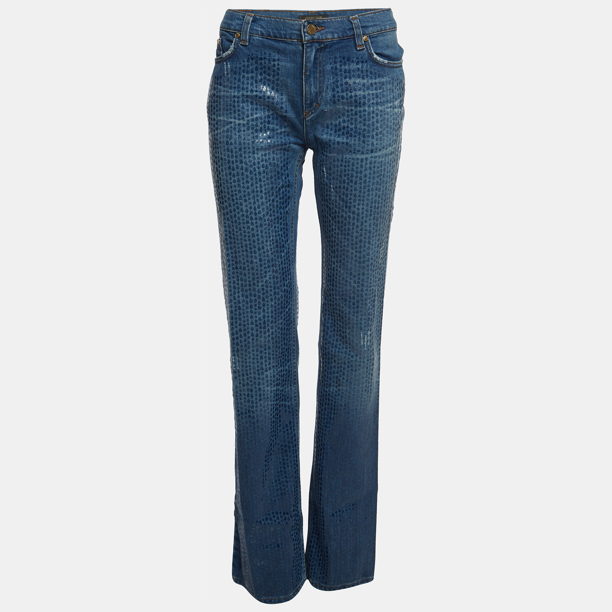 Roberto Cavalli Blue Textured Denim Wide Leg Jeans L Waist 31