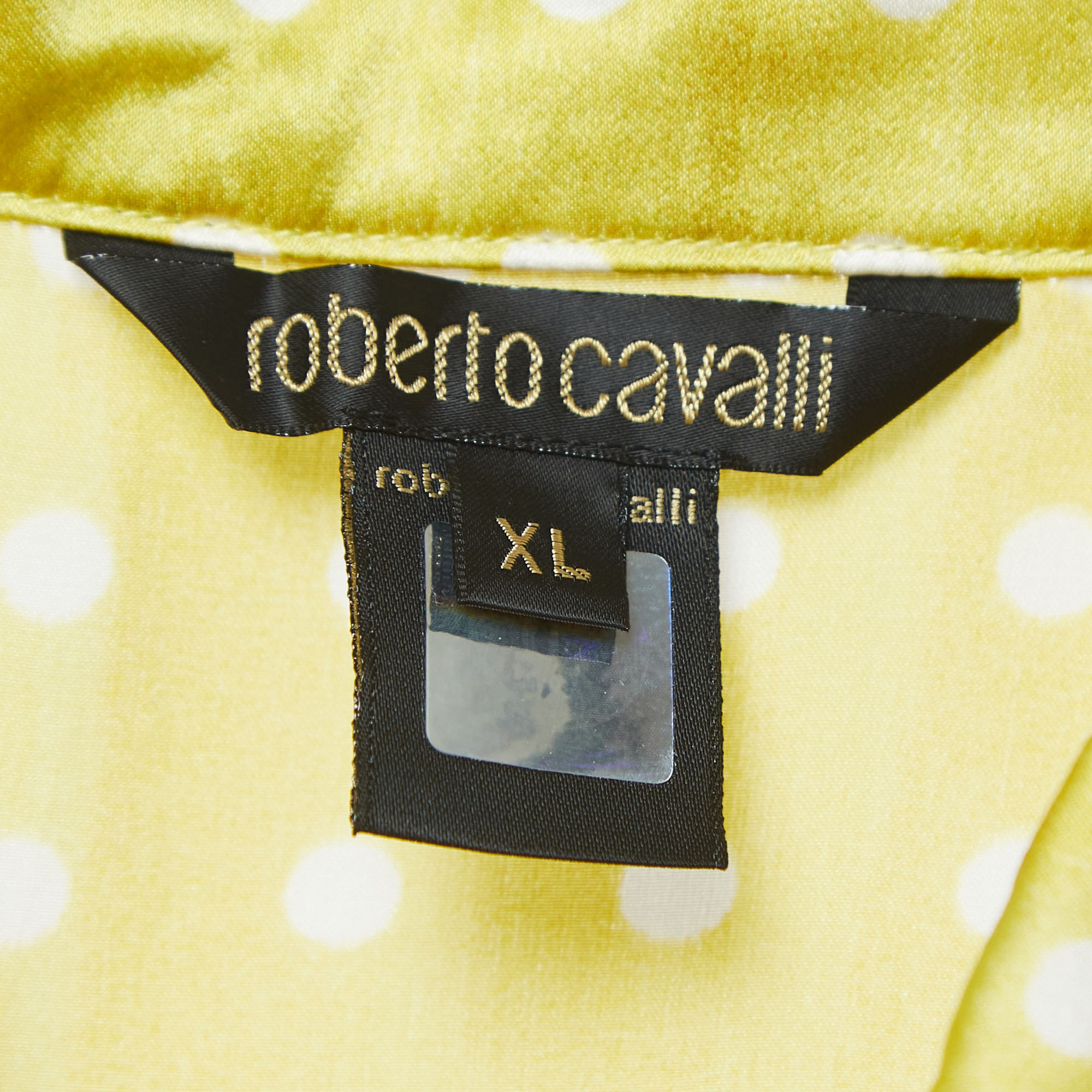 Roberto Cavalli Yellow Dotted Satin Silk Buttoned Shirt XL