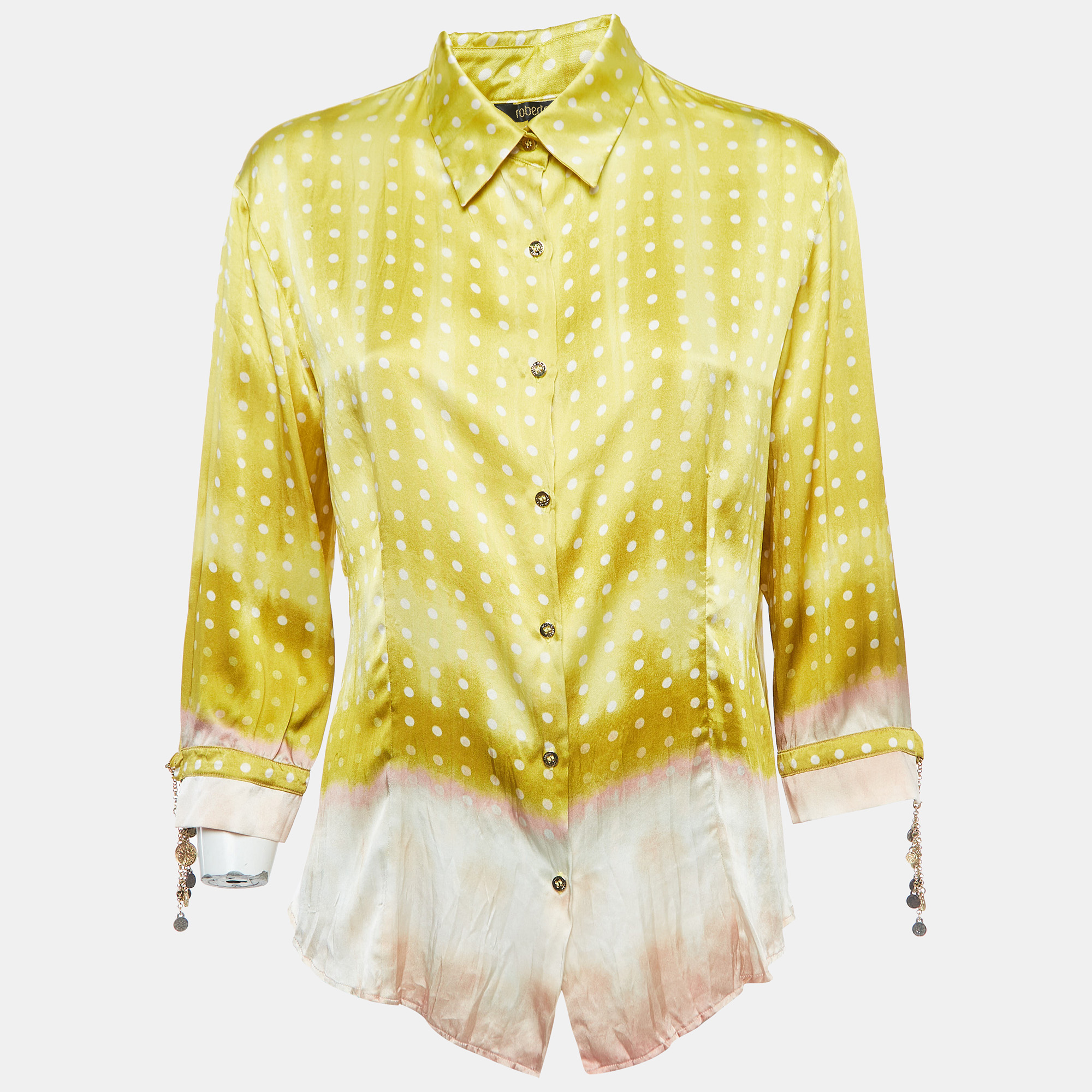 Roberto Cavalli Yellow Dotted Satin Silk Buttoned Shirt XL