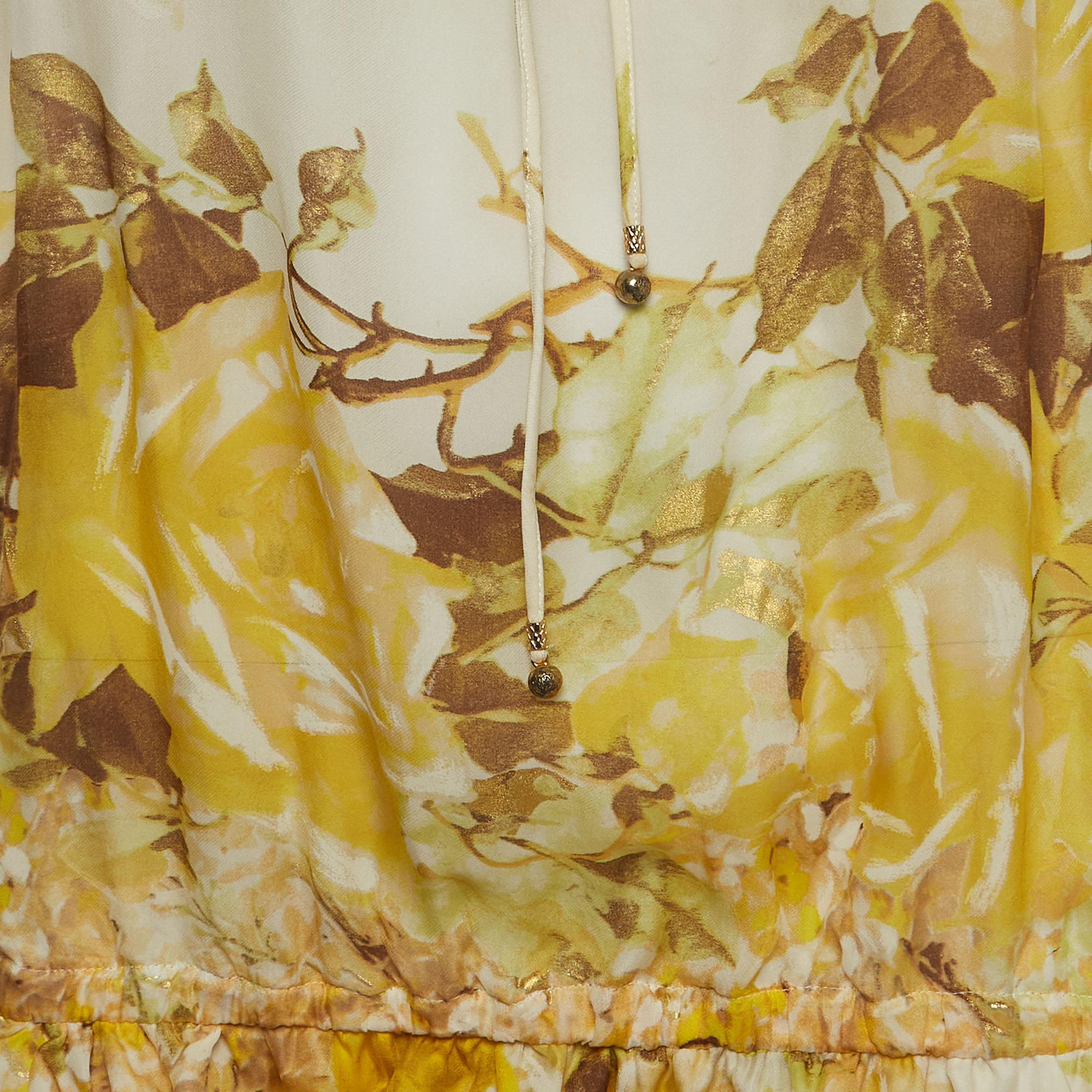 Roberto Cavalli Yellow Floral Print Silk Tie-Up Detail Top M