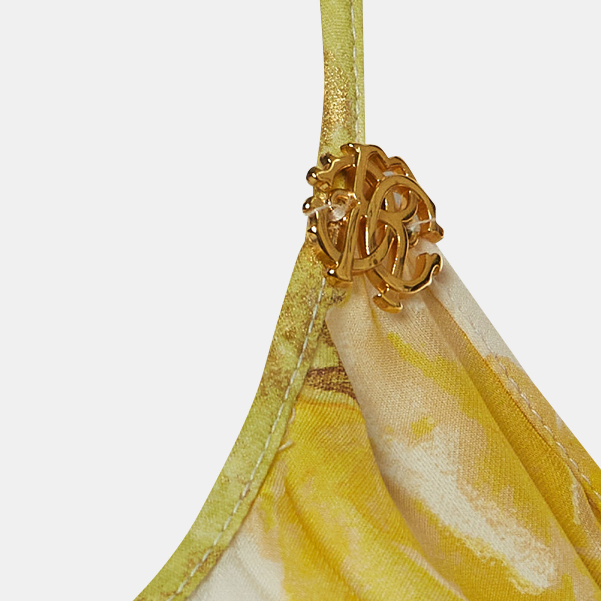 Roberto Cavalli Yellow Floral Print Silk Tie-Up Detail Top M