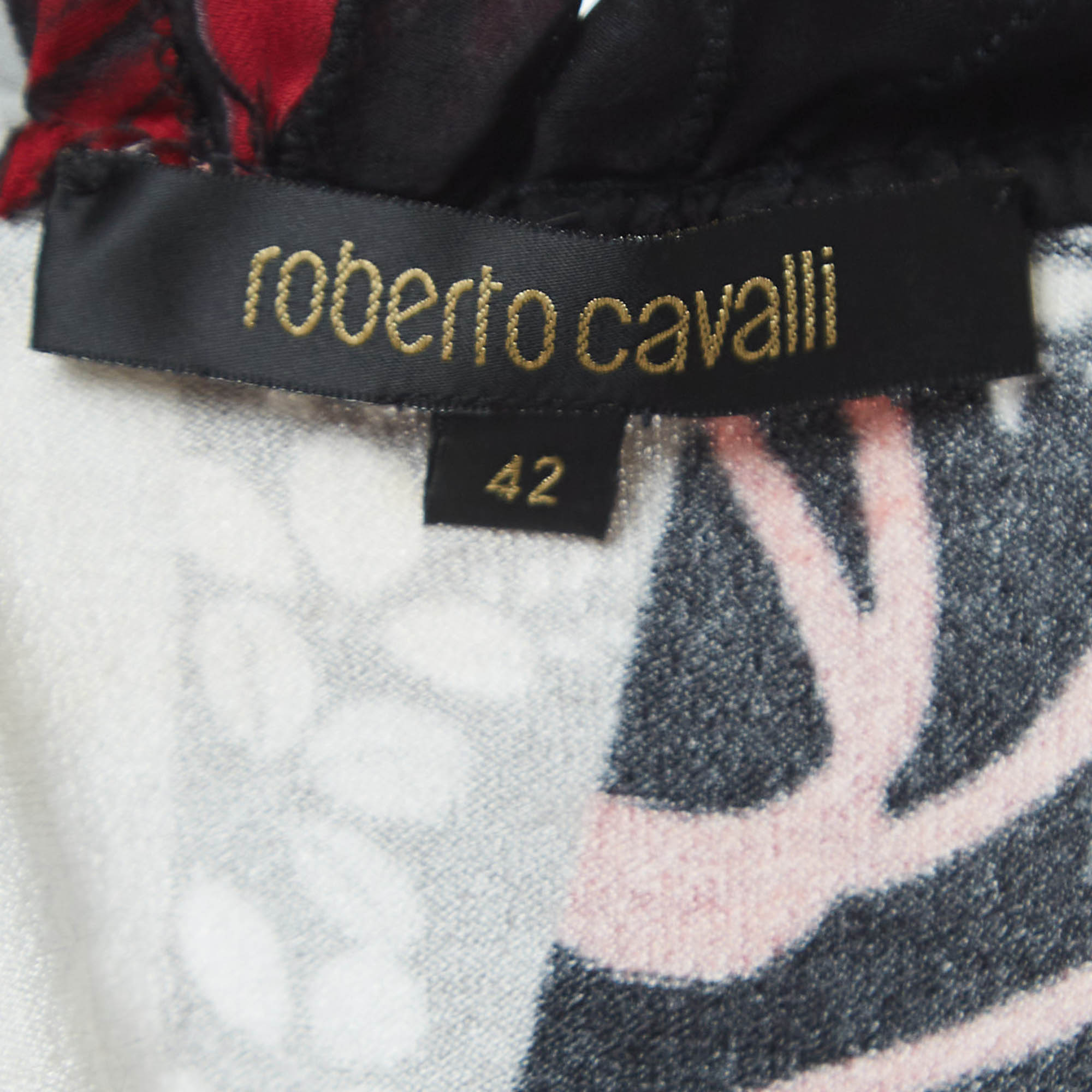 Roberto Cavalli Multicolor Print Crepe Mink Fur Trimmed Short Sleeve Top M