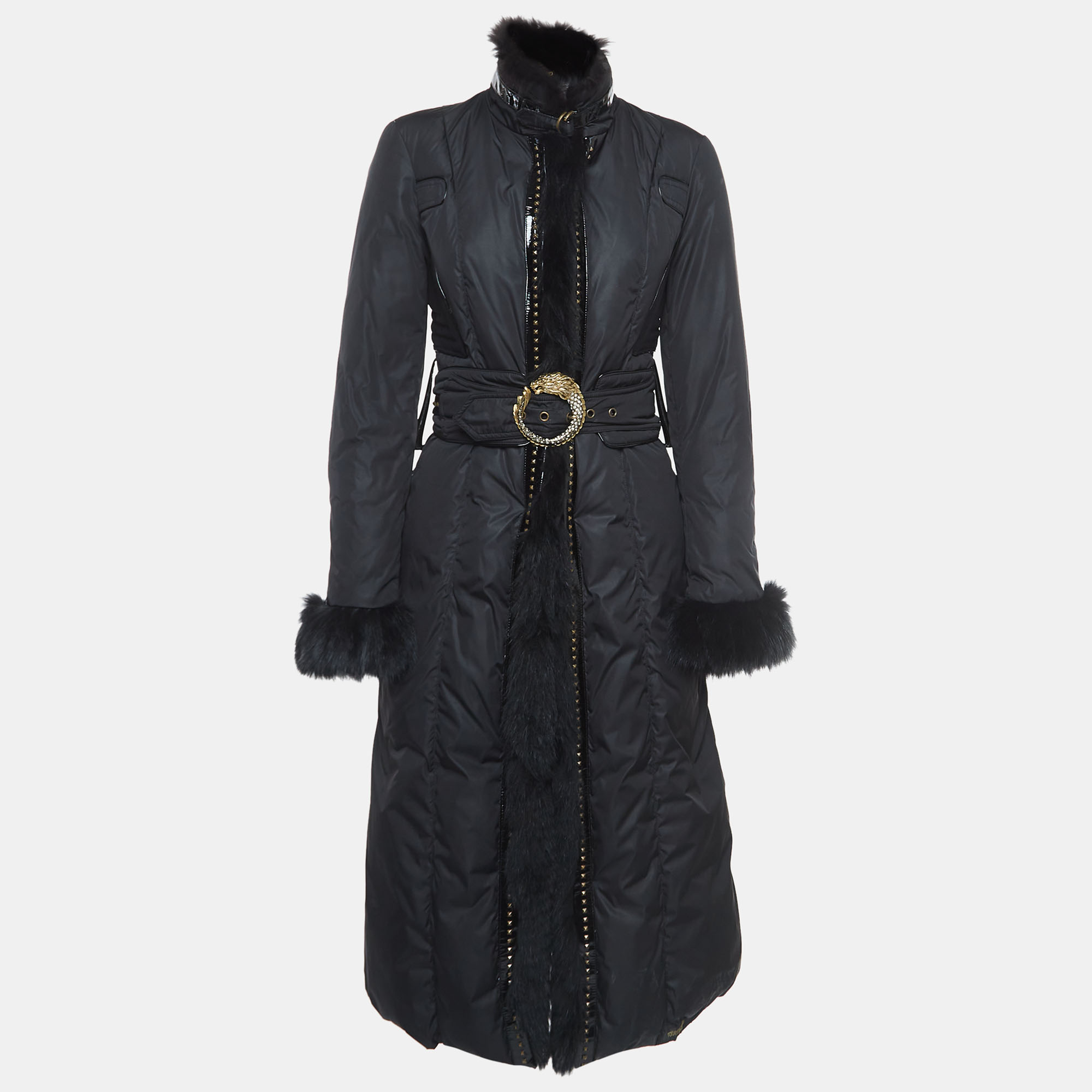 

Roberto Cavalli Black Leather Trim Fur and Synthetic Belted Mid Length Coat