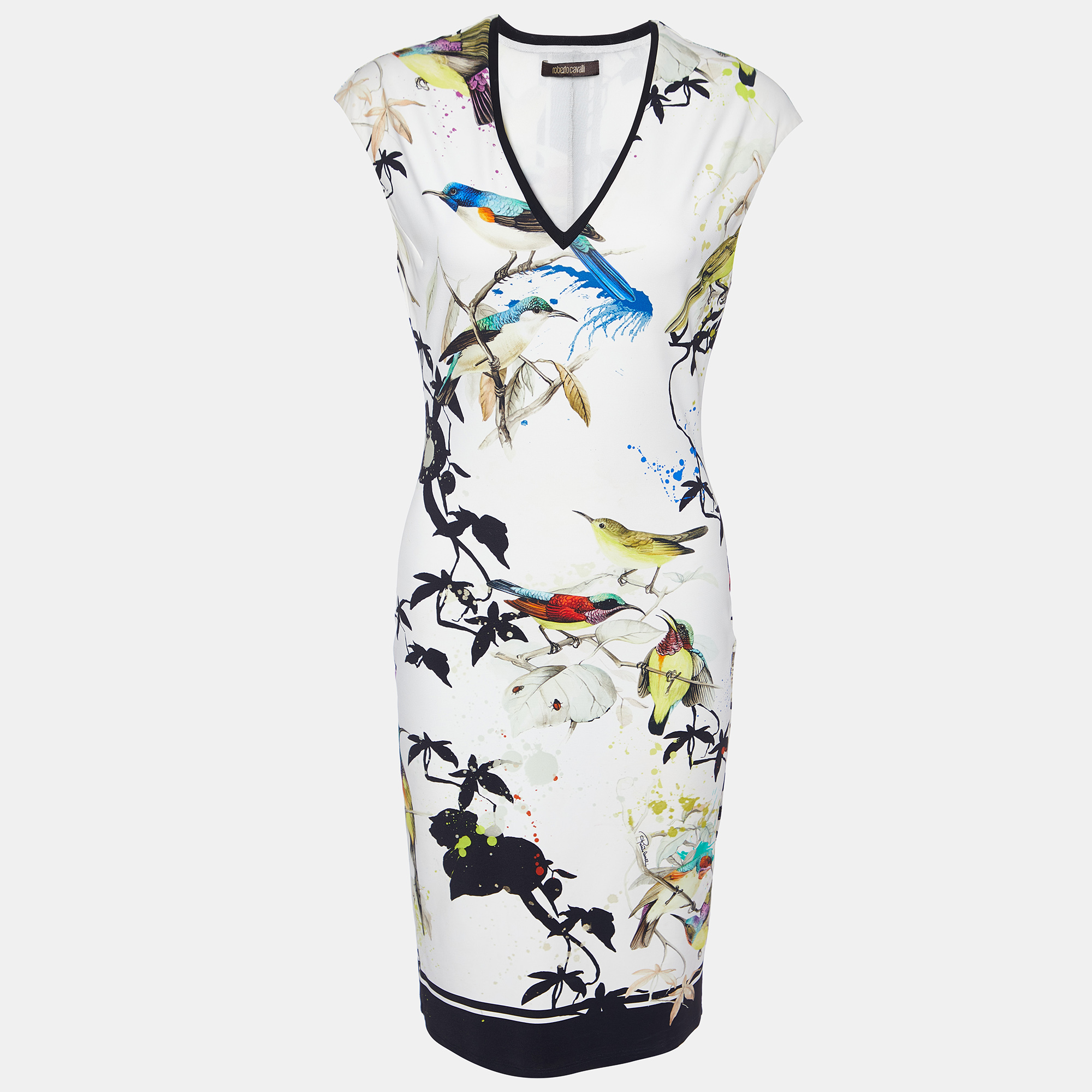 Roberto cavalli white floral bird print crepe sheath dress m