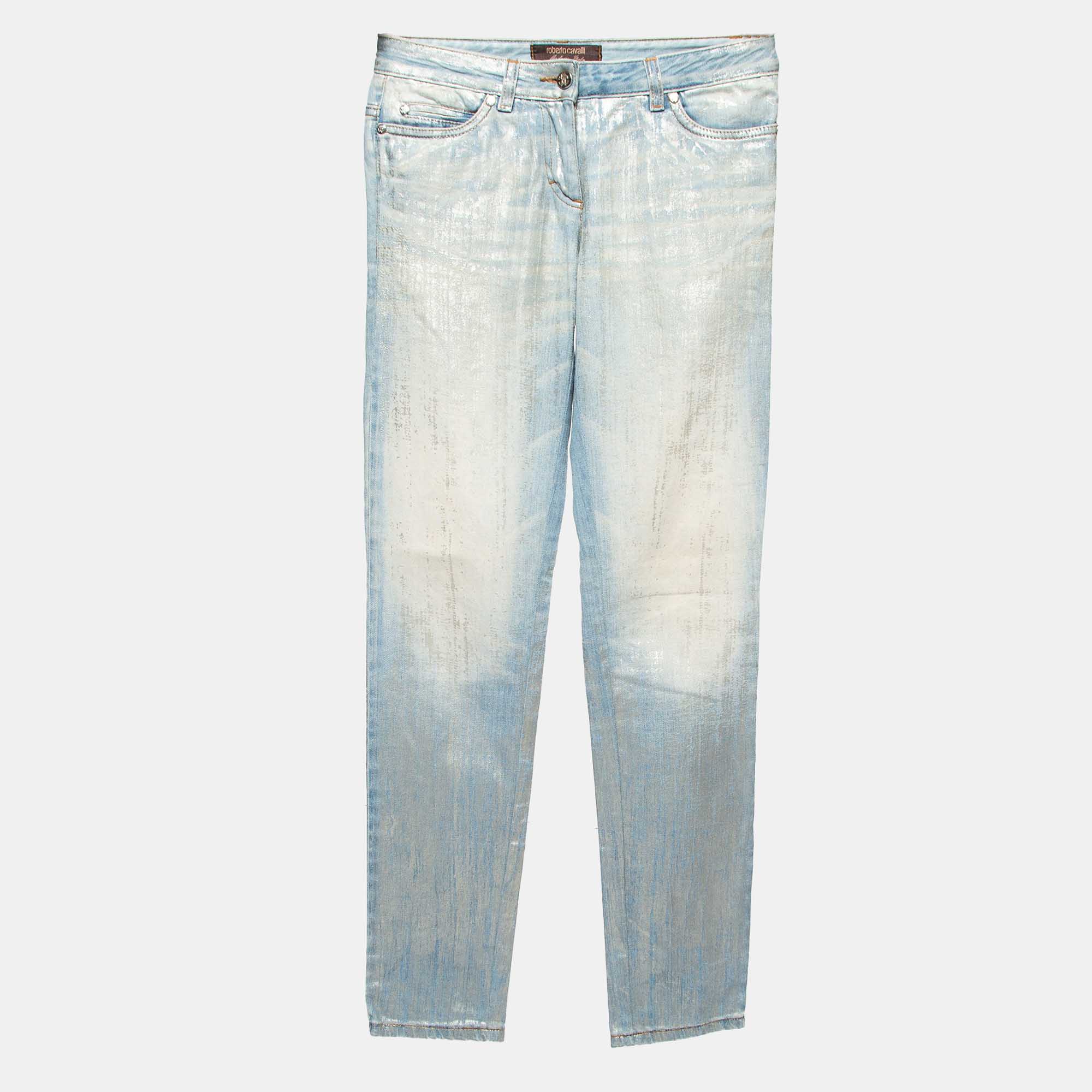 Roberto cavalli blue/silver metallic print denim jeans s waist 30''