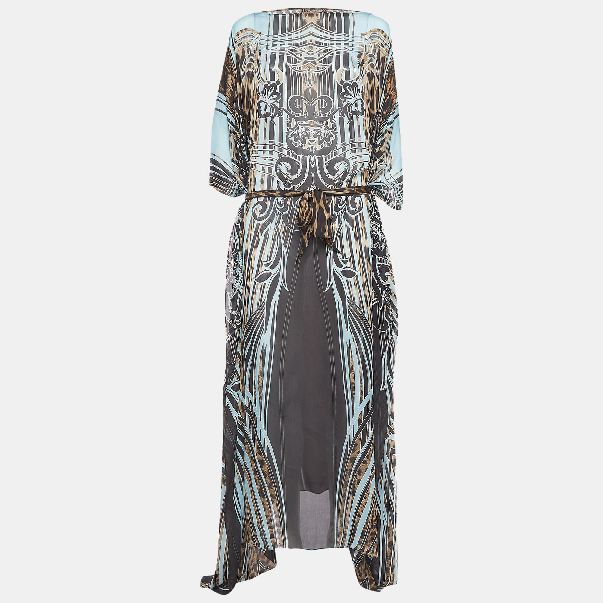 Roberto cavalli blue/brown printed silk waist tie-up maxi kaftan dress s