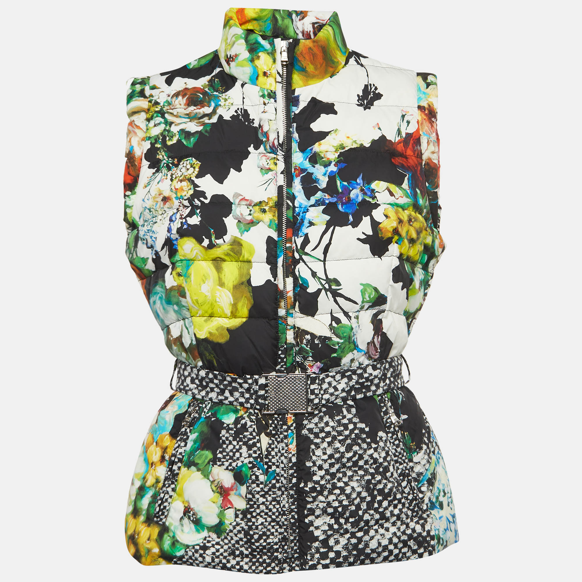 Roberto cavalli multicolor floral print nylon sleeveless belted down jacket m