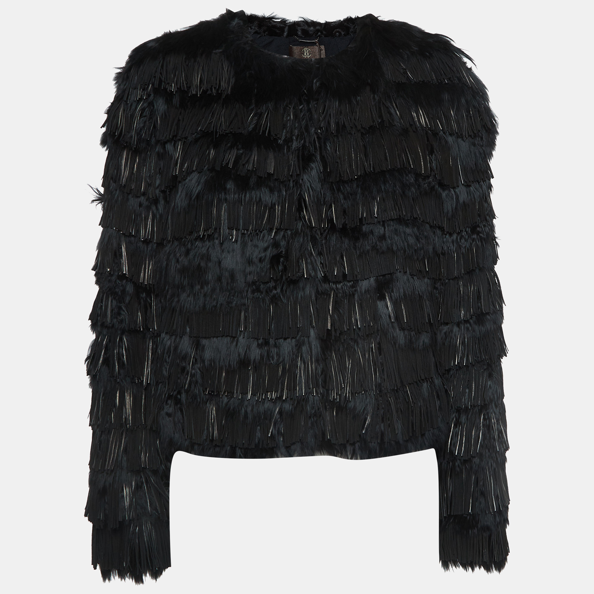 Roberto cavalli black fur and leather fringe long sleeve jacket m