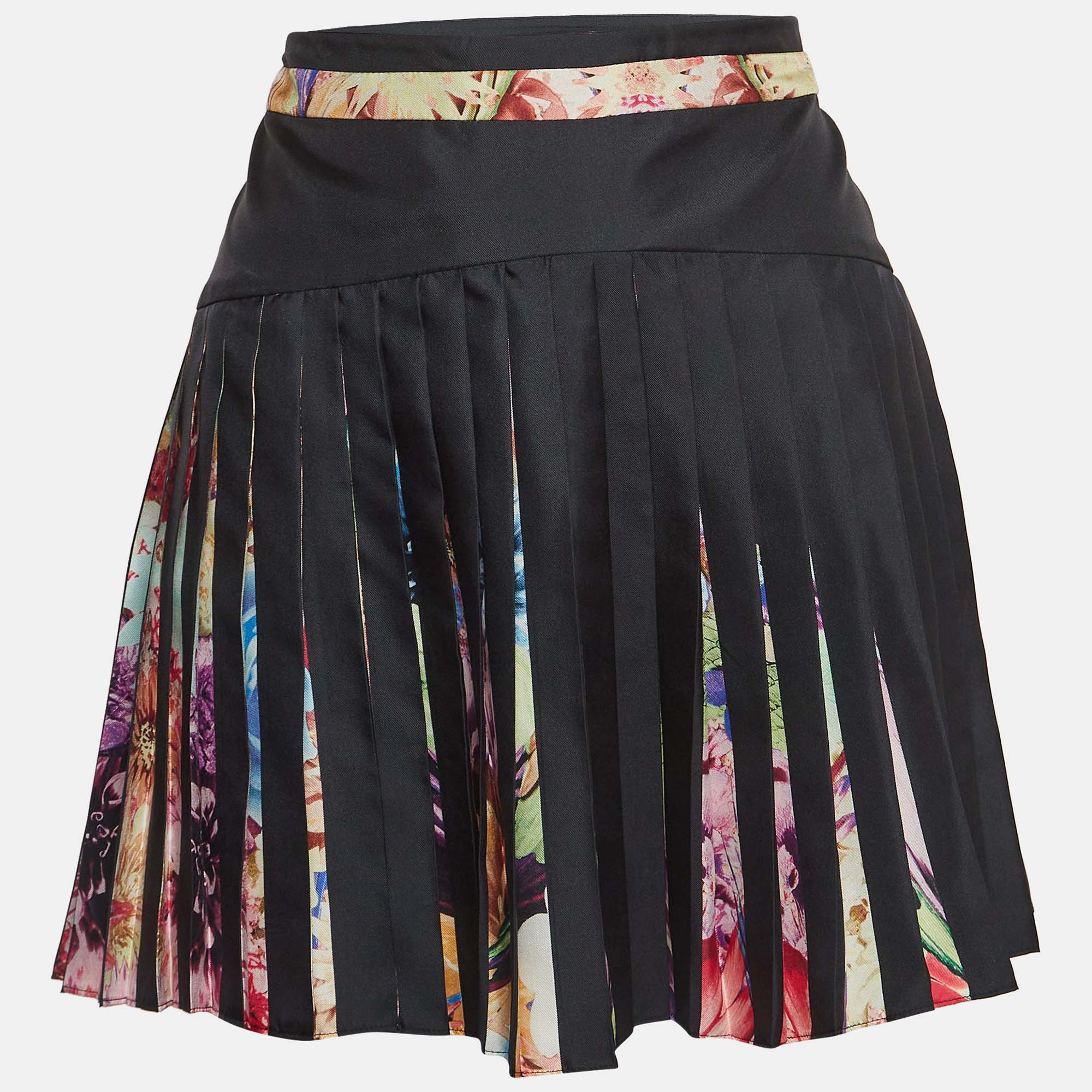 Roberto cavalli multicolor floral printed silk pleated mini skirt s