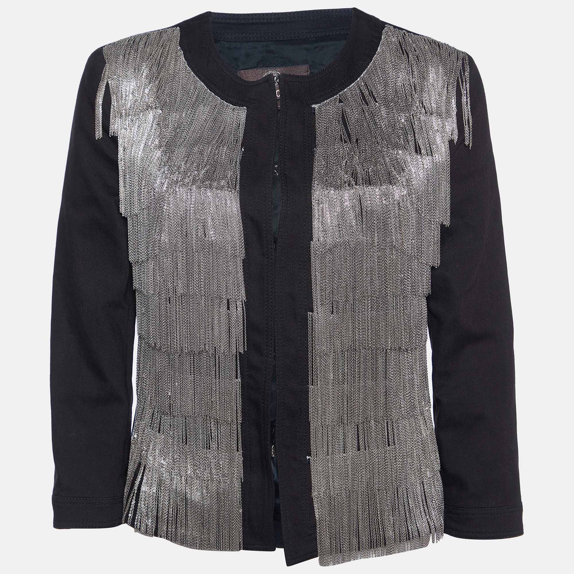 Roberto cavalli black cotton chain tasseled jacket s