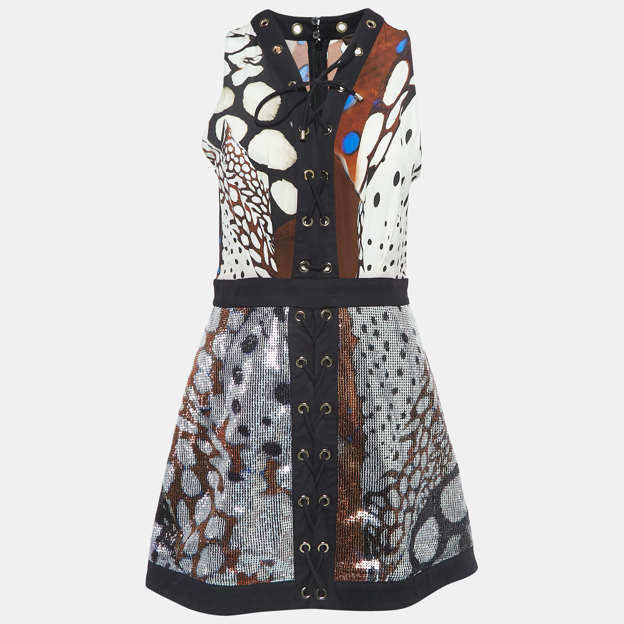 Roberto cavalli multicolor printed sequin and cotton lace-up mini dress m